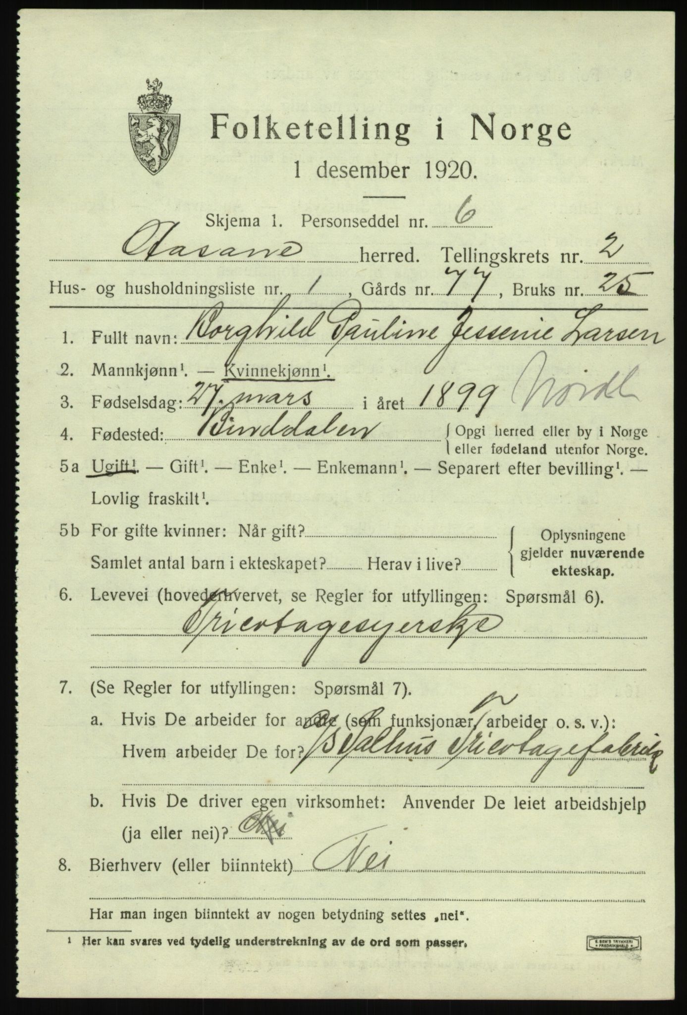 SAB, 1920 census for Åsane, 1920, p. 1237