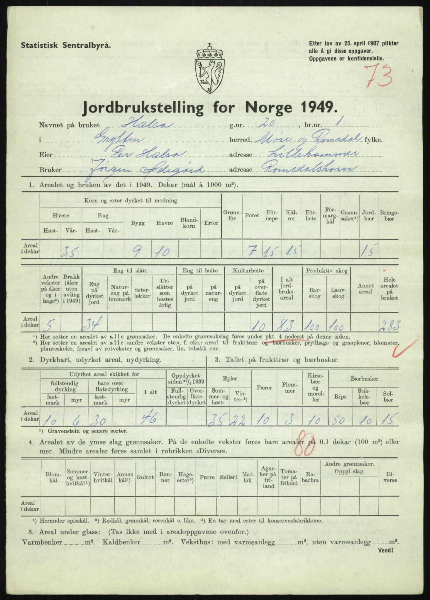 Statistisk sentralbyrå, Næringsøkonomiske emner, Jordbruk, skogbruk, jakt, fiske og fangst, AV/RA-S-2234/G/Gc/L0323: Møre og Romsdal: Grytten og Hen, 1949, p. 315