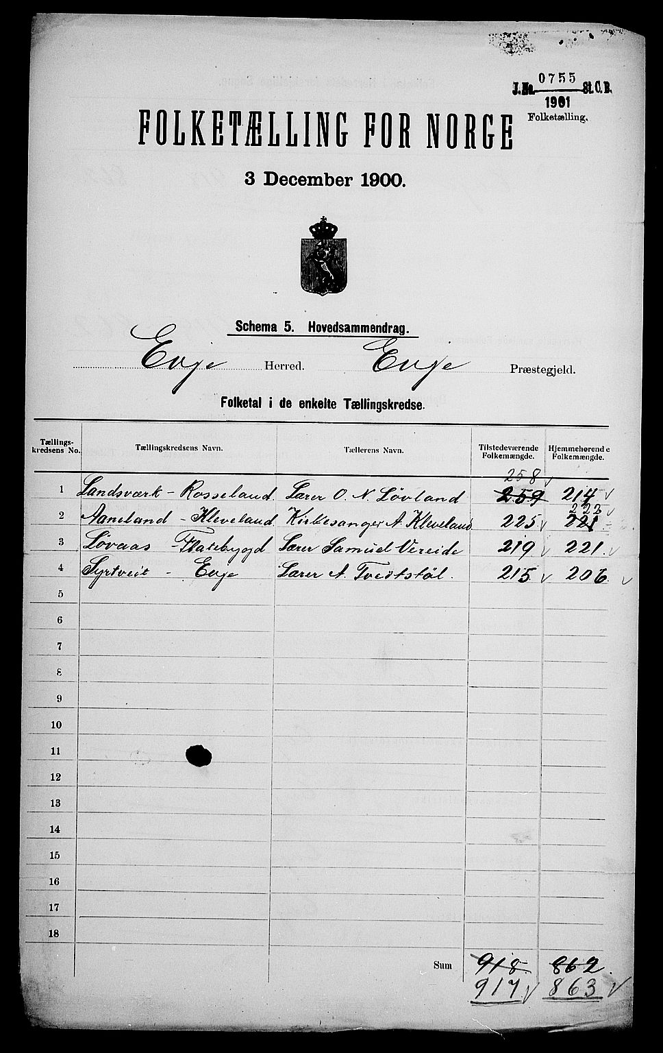 SAK, 1900 census for Evje, 1900, p. 2