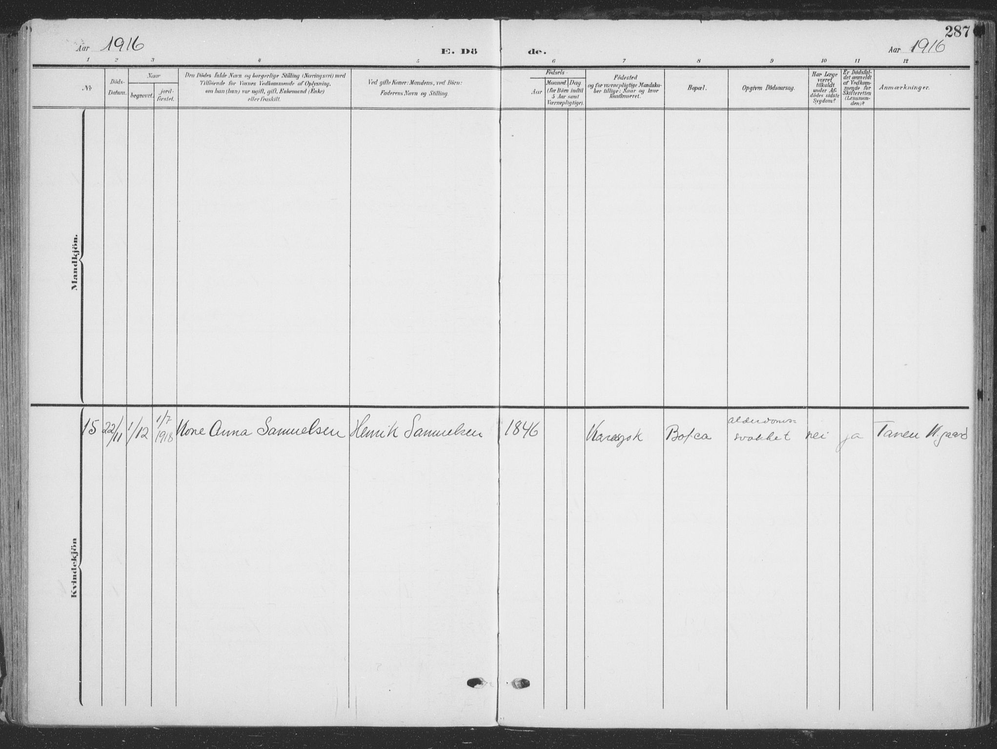 Tana sokneprestkontor, AV/SATØ-S-1334/H/Ha/L0007kirke: Parish register (official) no. 7, 1904-1918, p. 287