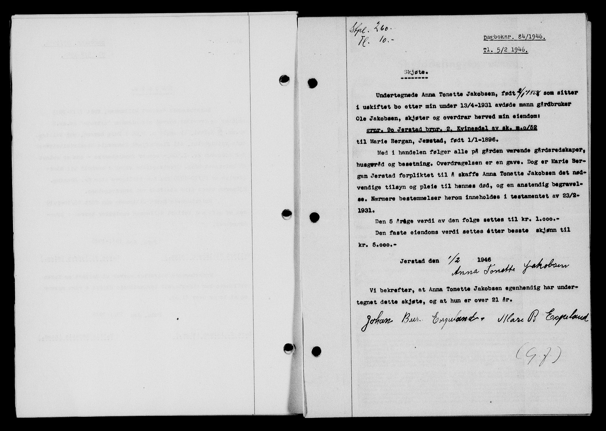 Flekkefjord sorenskriveri, SAK/1221-0001/G/Gb/Gba/L0060: Mortgage book no. A-8, 1945-1946, Diary no: : 84/1946