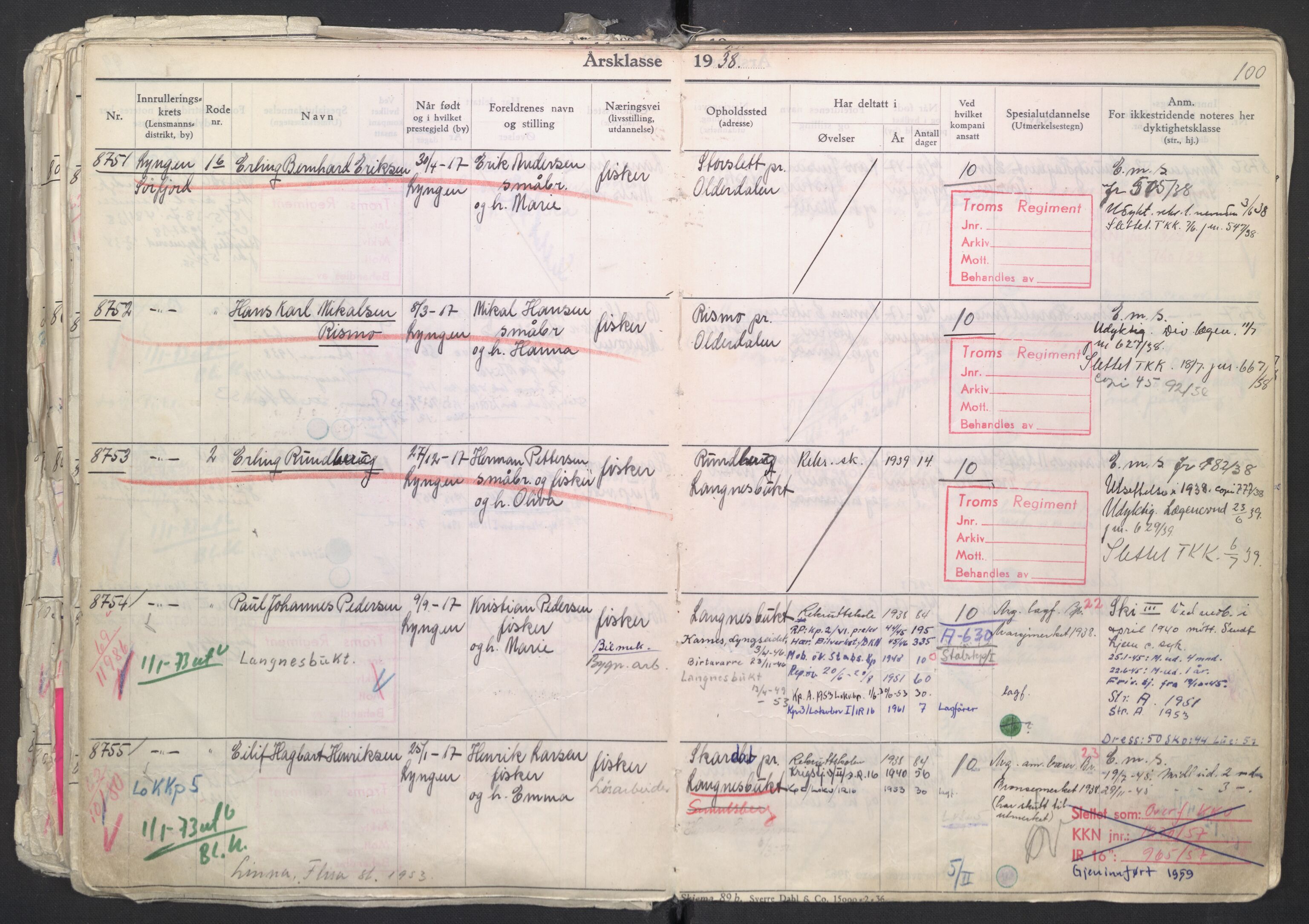 Forsvaret, Troms infanteriregiment nr. 16, AV/RA-RAFA-3146/P/Pa/L0007/0003: Ruller / Rulle for regimentets menige mannskaper, årsklasse 1938, 1938, p. 100