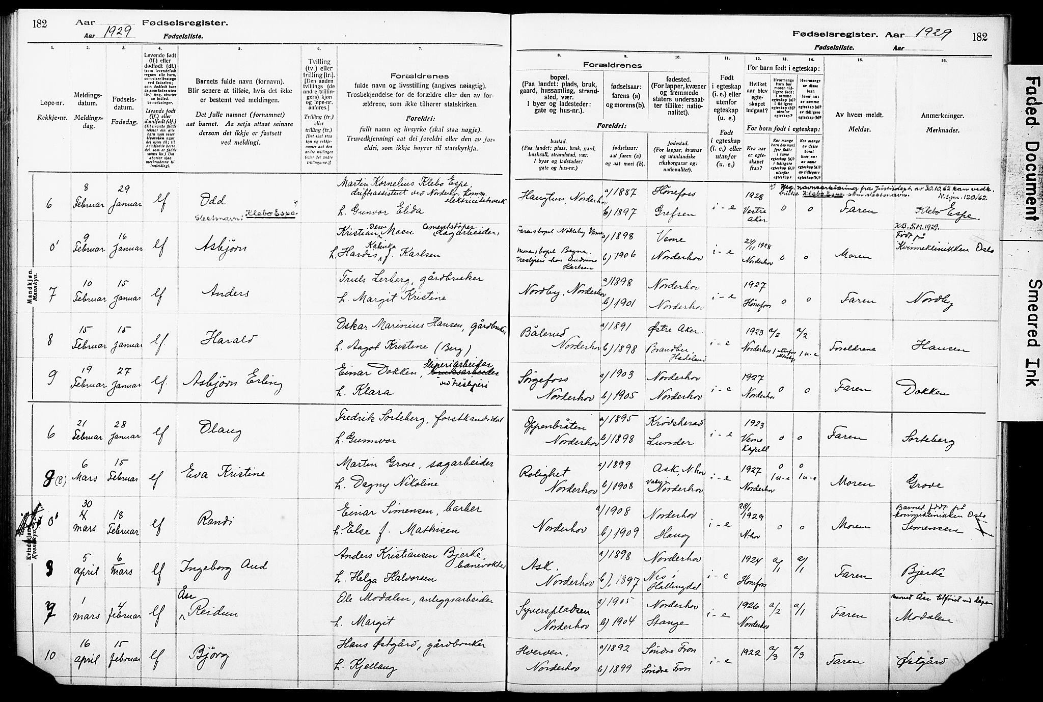 Norderhov kirkebøker, AV/SAKO-A-237/J/Ja/L0001: Birth register no. 1, 1916-1930, p. 182