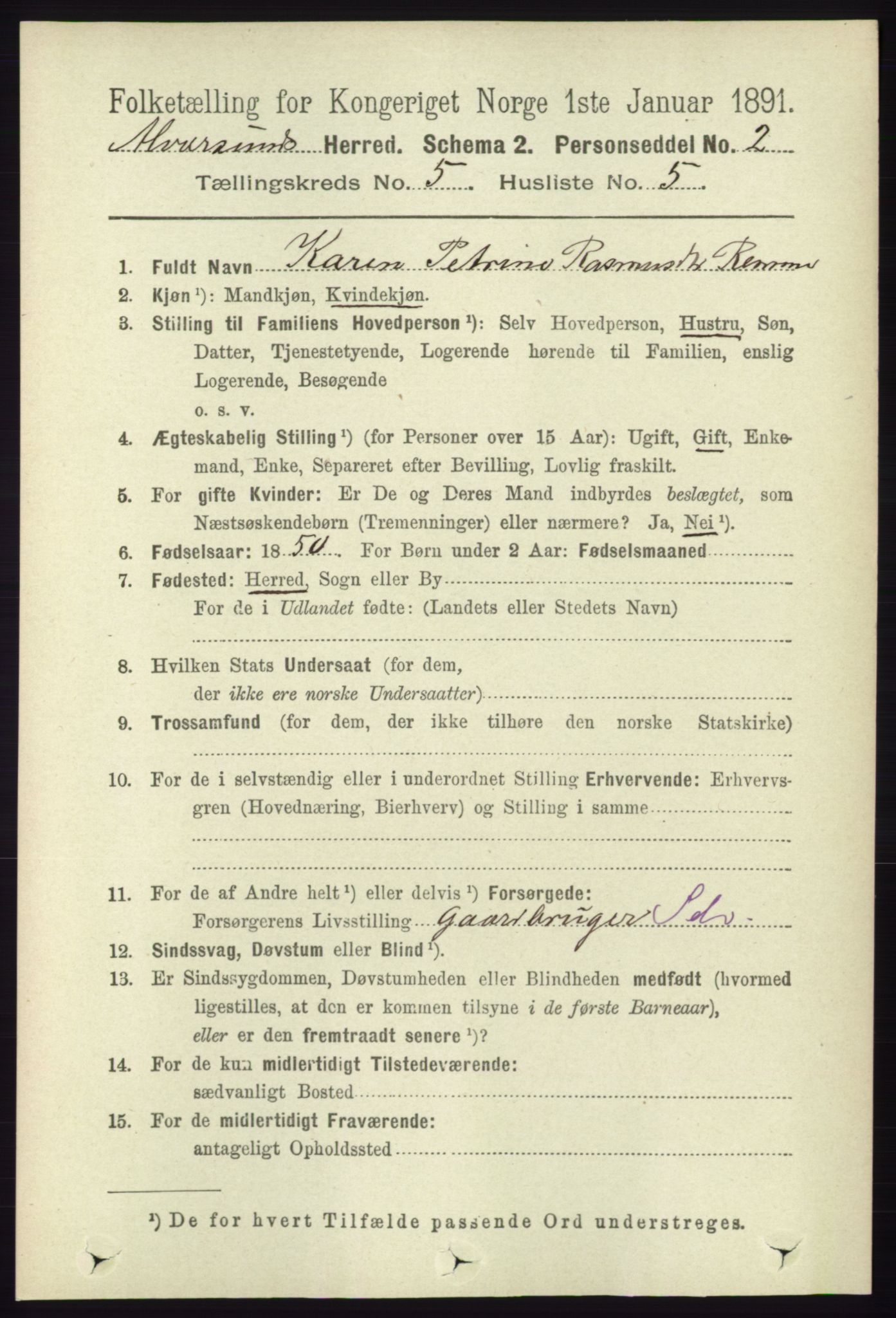 RA, 1891 census for 1257 Alversund, 1891, p. 1815