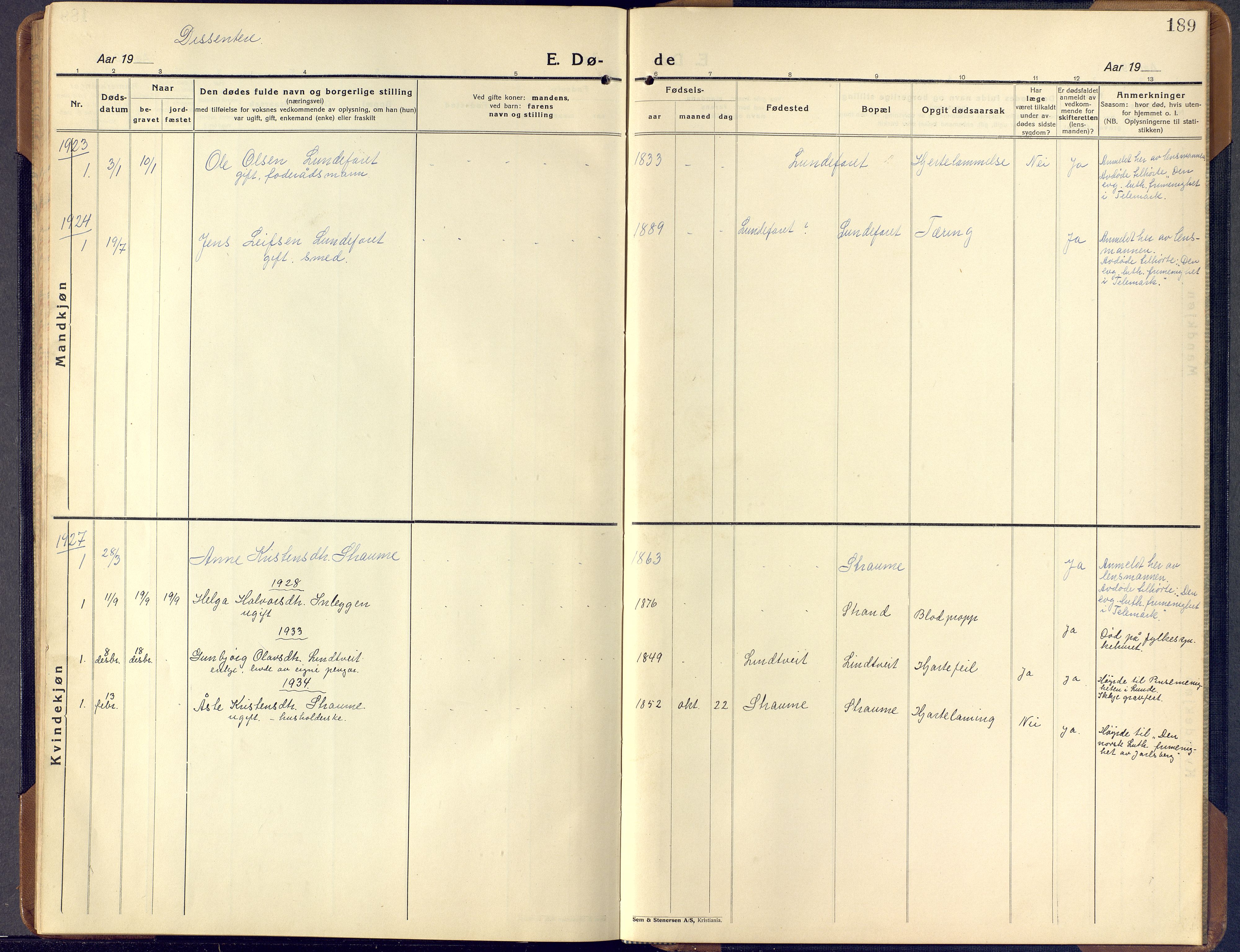 Lunde kirkebøker, SAKO/A-282/F/Fa/L0006: Parish register (official) no. I 6, 1922-1940, p. 189