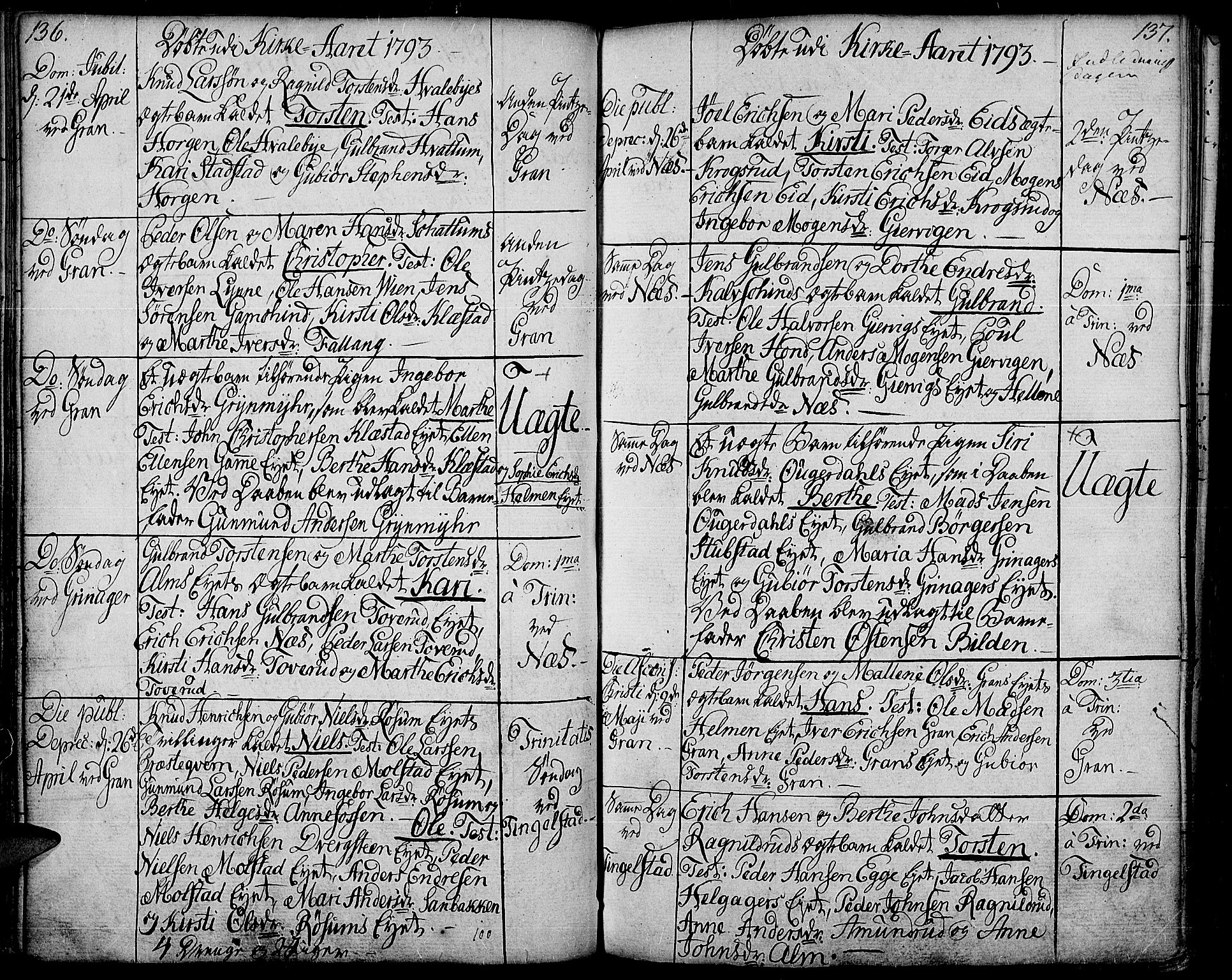 Gran prestekontor, AV/SAH-PREST-112/H/Ha/Haa/L0006: Parish register (official) no. 6, 1787-1824, p. 136-137