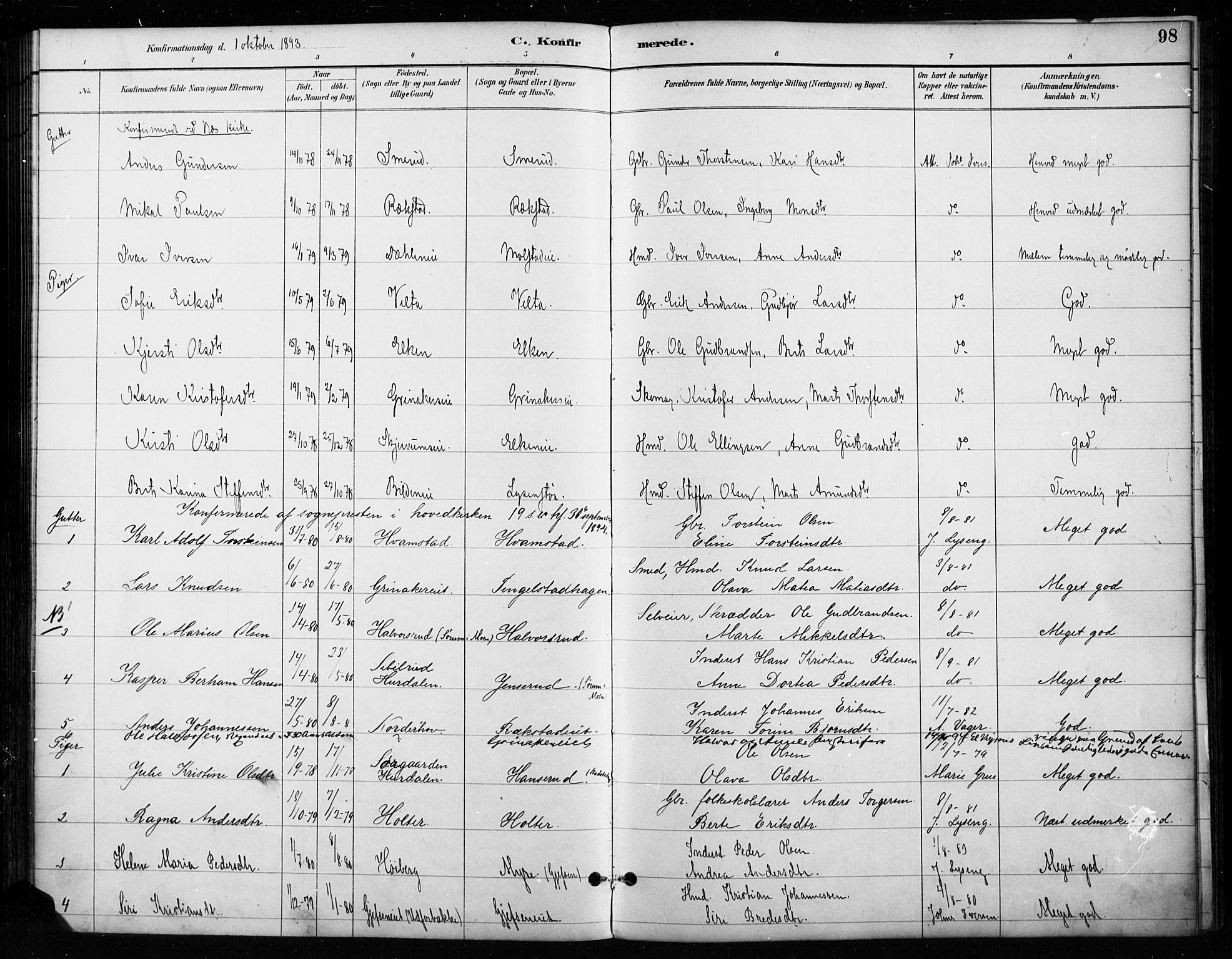 Gran prestekontor, SAH/PREST-112/H/Ha/Haa/L0018: Parish register (official) no. 18, 1889-1899, p. 98