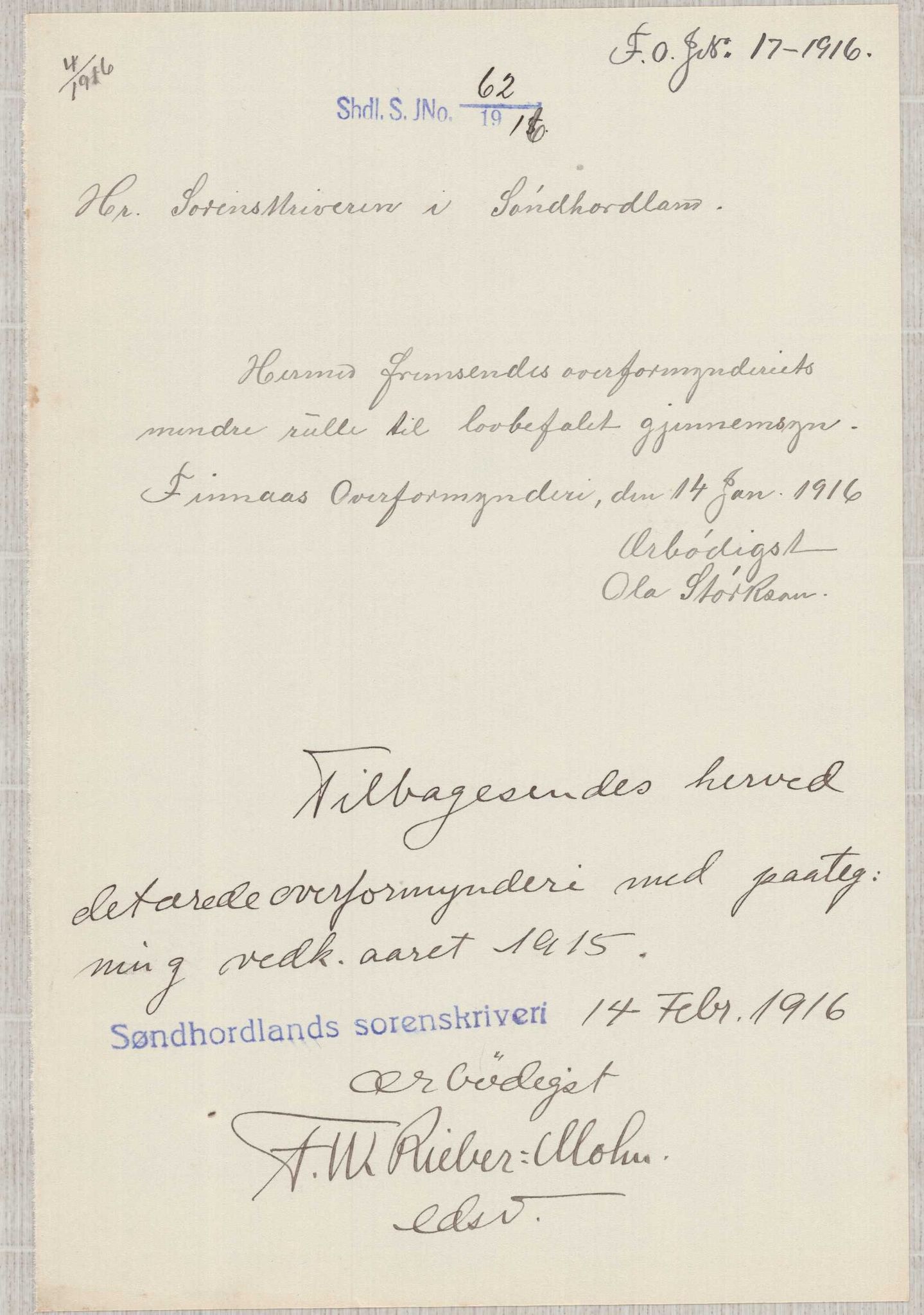 Finnaas kommune. Overformynderiet, IKAH/1218a-812/D/Da/Daa/L0003/0001: Kronologisk ordna korrespondanse / Kronologisk ordna korrespondanse, 1914-1916, p. 94