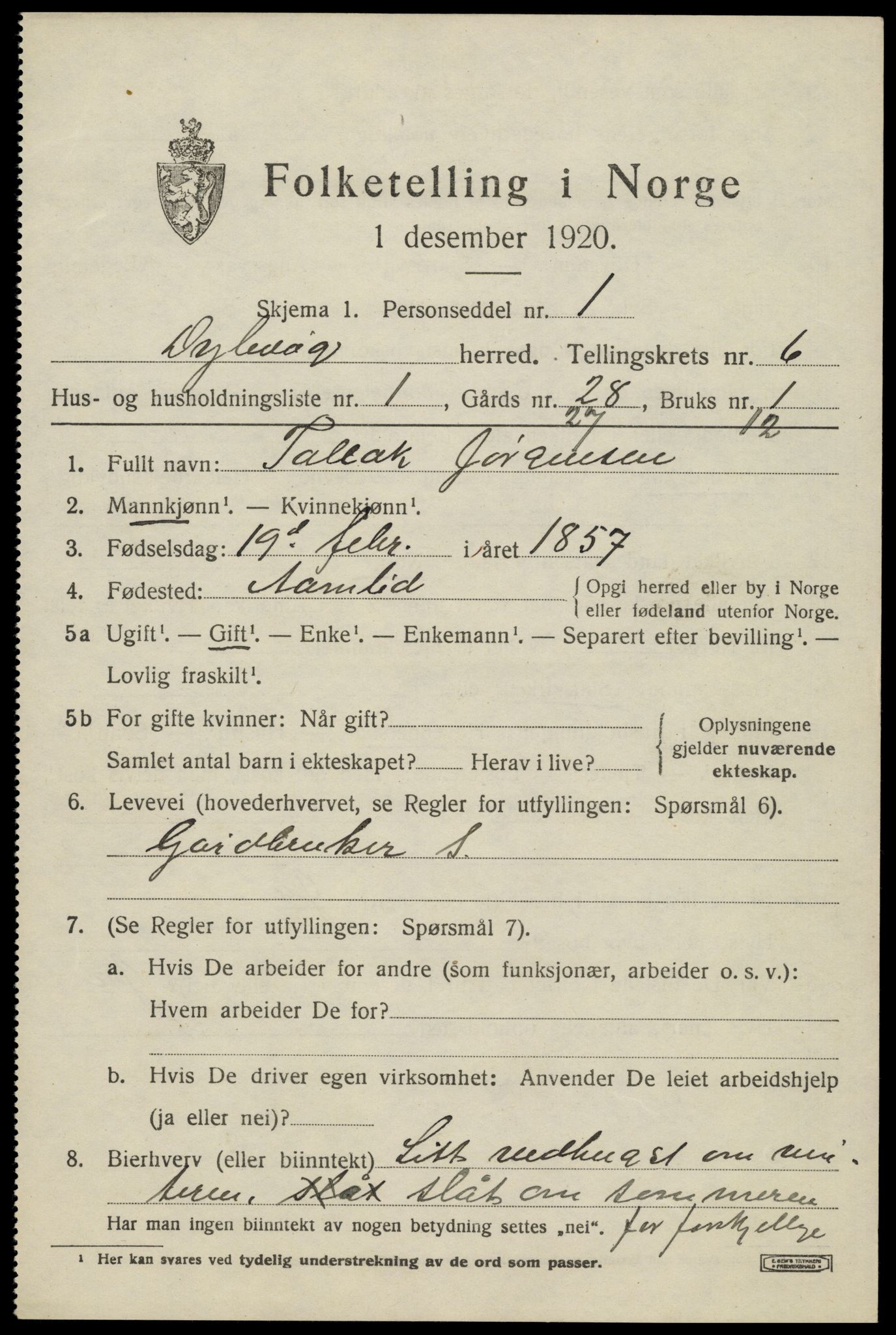 SAK, 1920 census for Dypvåg, 1920, p. 4985