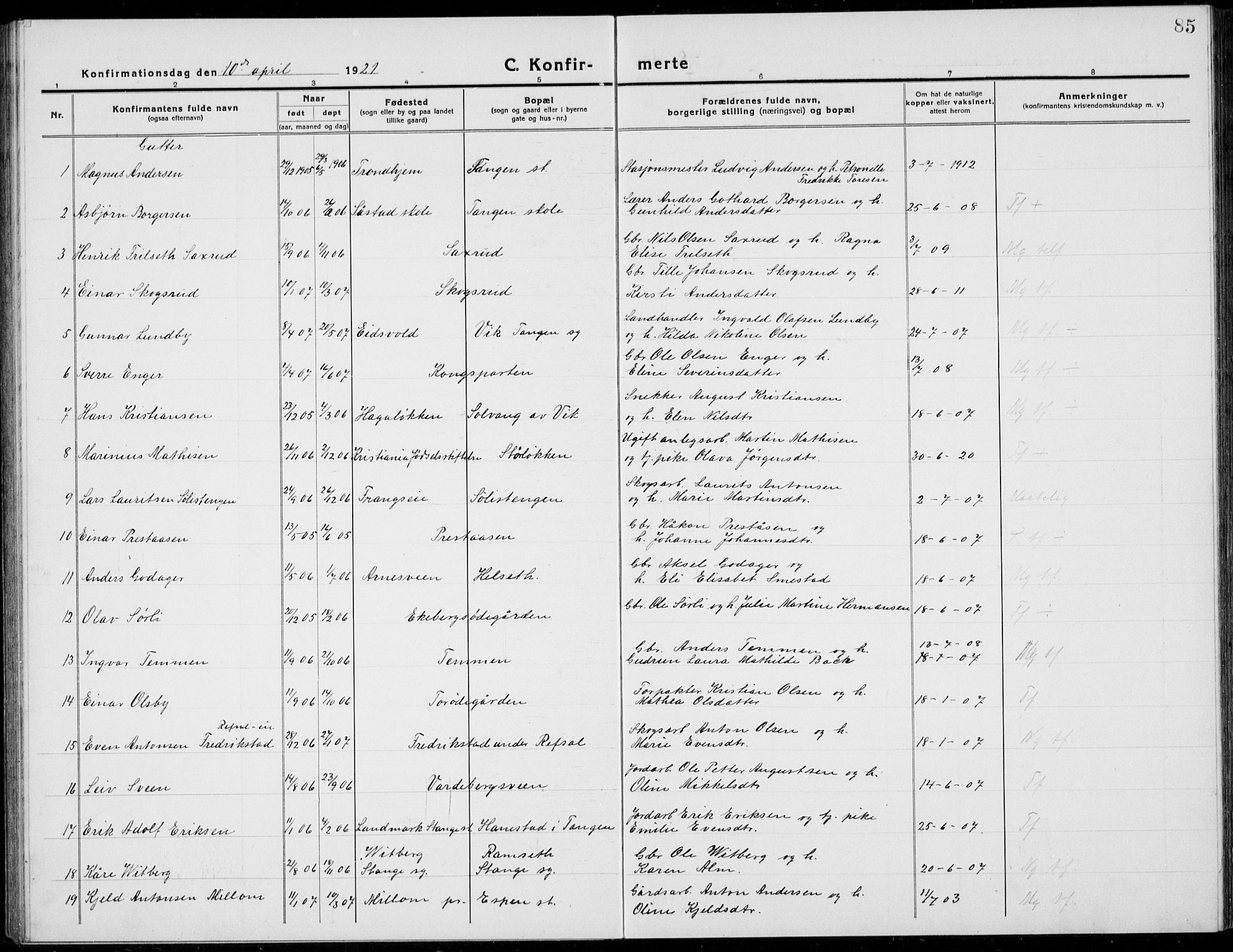 Stange prestekontor, AV/SAH-PREST-002/L/L0017: Parish register (copy) no. 17, 1918-1936, p. 85