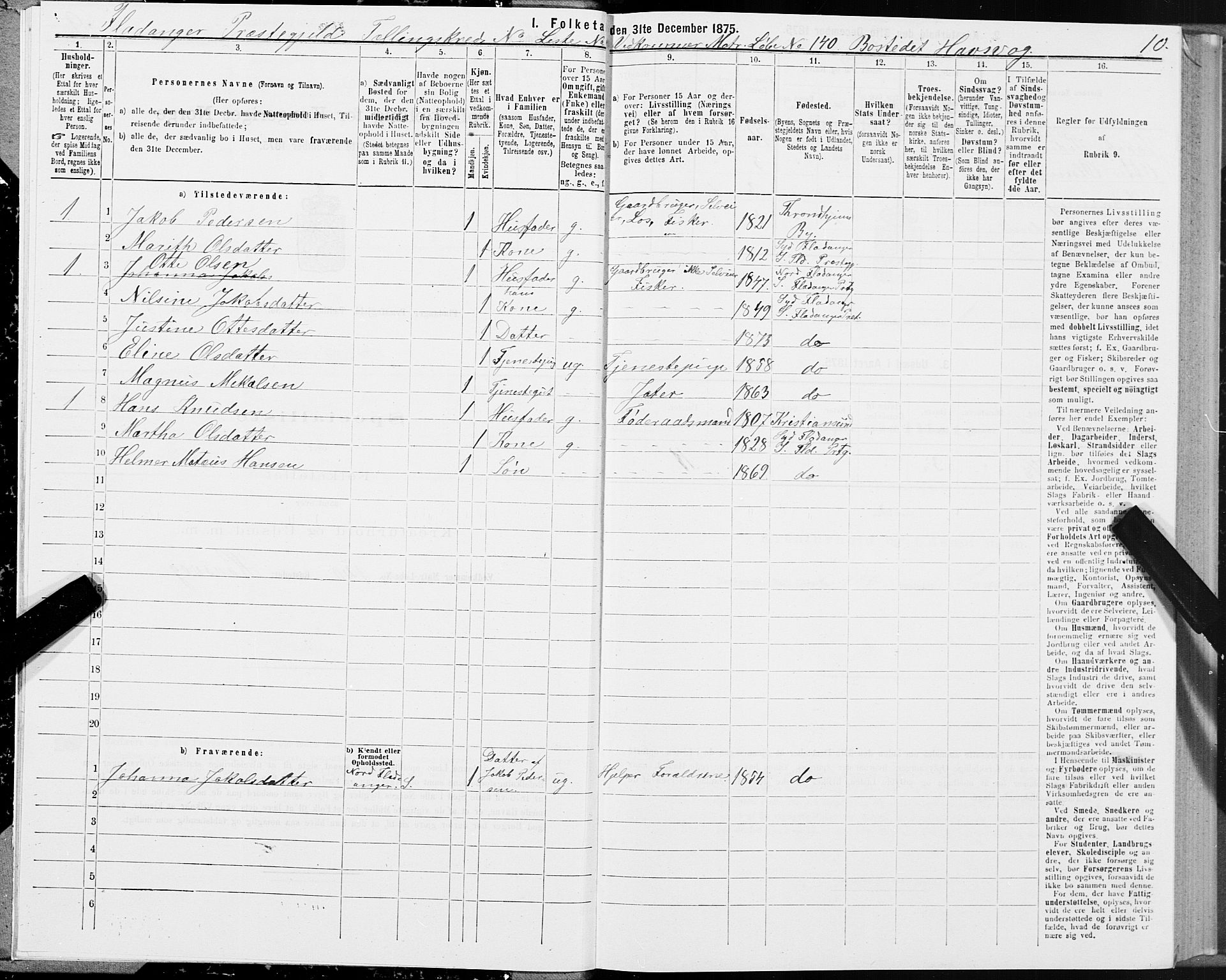 SAT, 1875 census for 1749P Flatanger, 1875, p. 1010