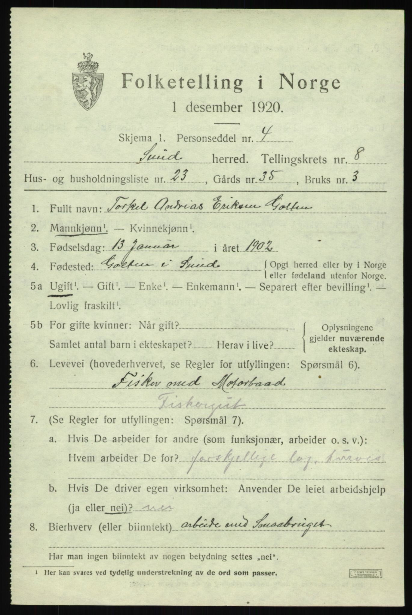 SAB, 1920 census for Sund, 1920, p. 5295