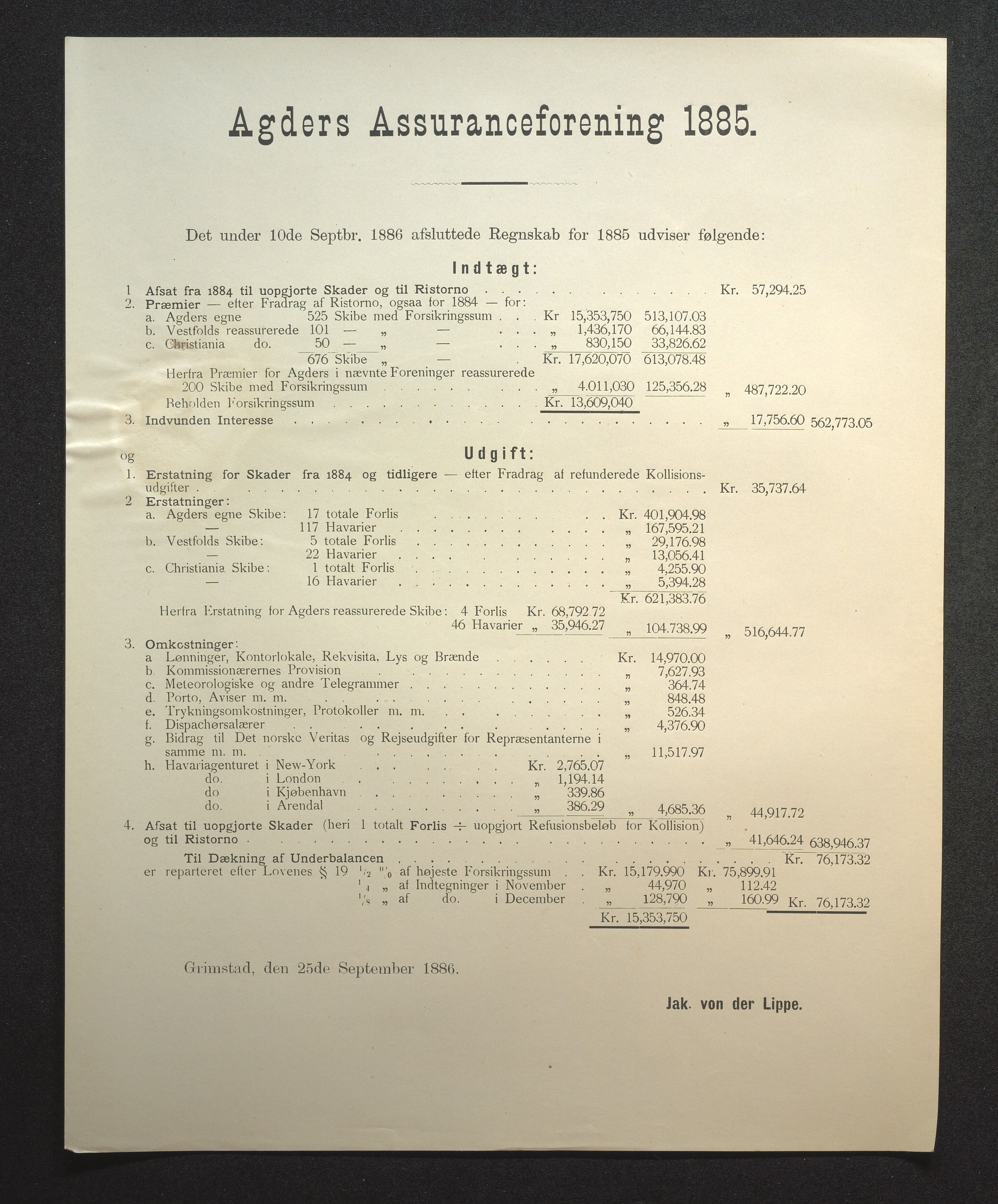 Agders Gjensidige Assuranceforening, AAKS/PA-1718/05/L0002: Regnskap, seilavdeling, pakkesak, 1881-1889