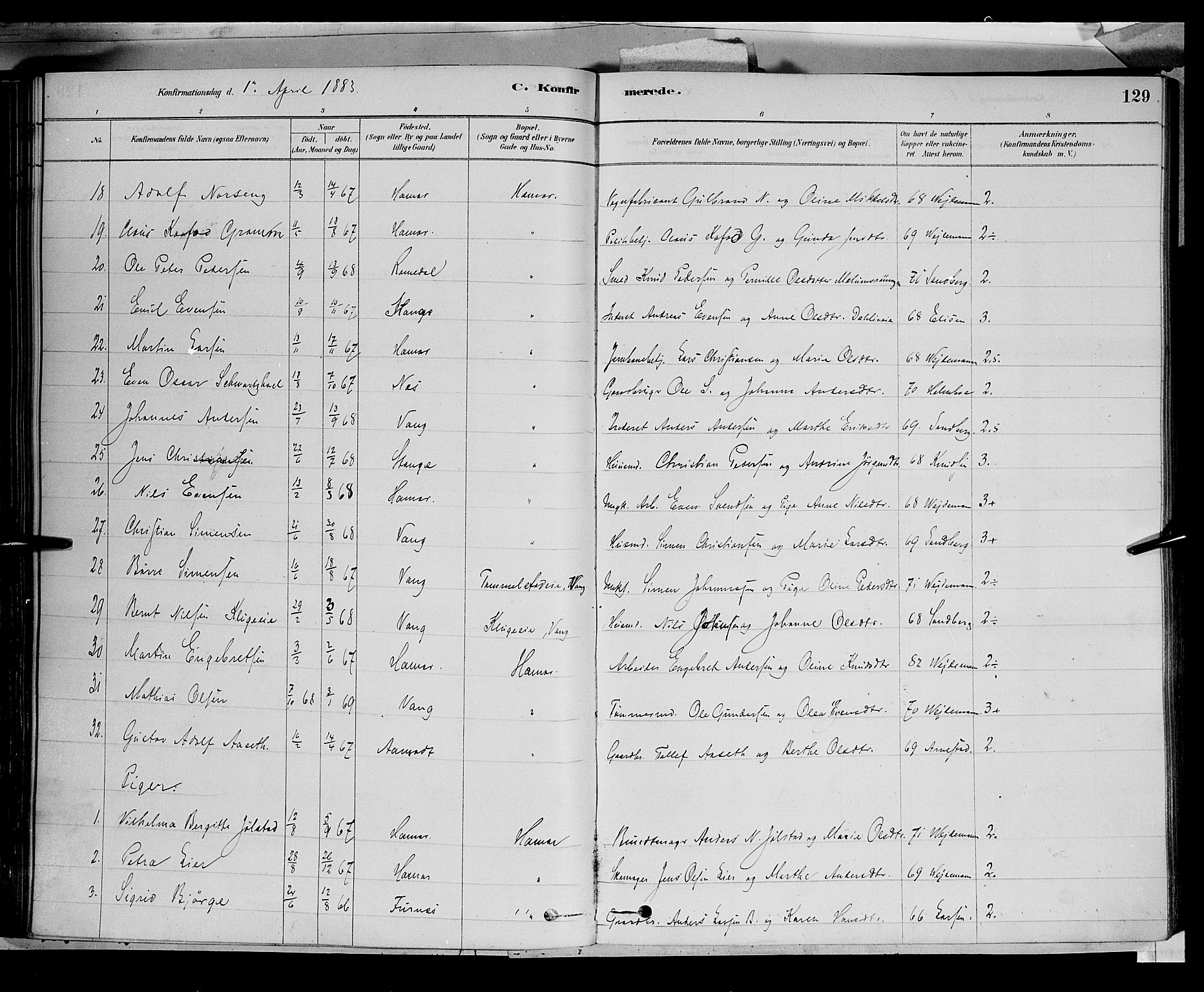 Vang prestekontor, Hedmark, AV/SAH-PREST-008/H/Ha/Haa/L0016: Parish register (official) no. 16, 1878-1889, p. 129