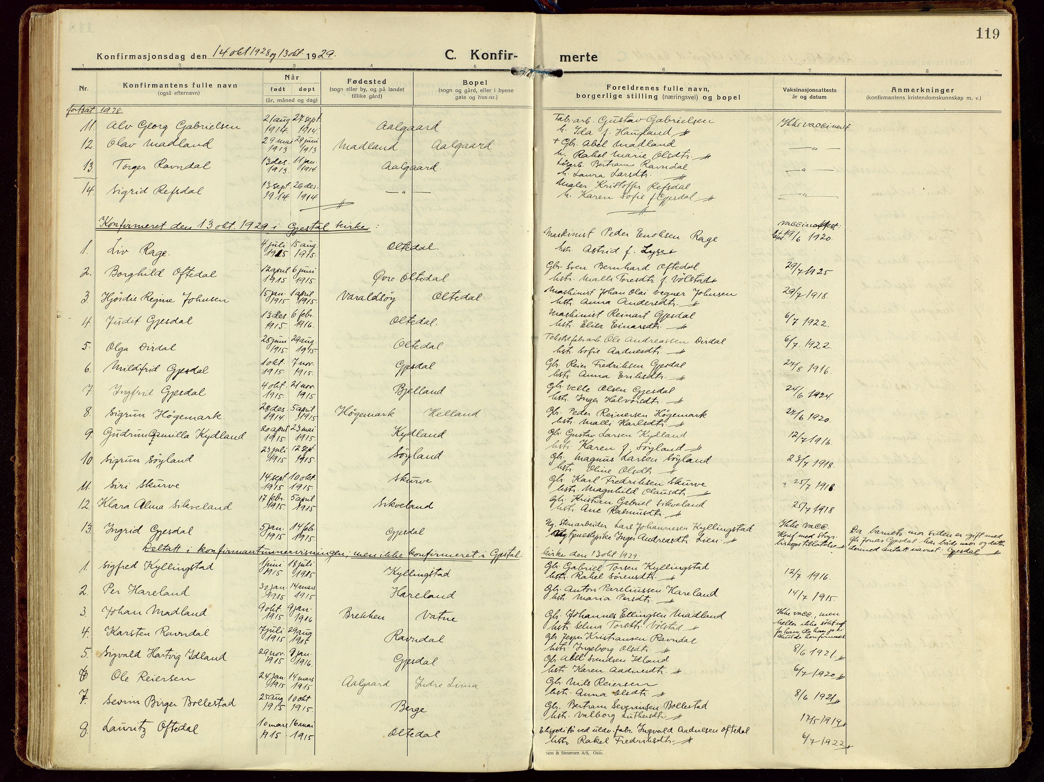 Gjesdal sokneprestkontor, AV/SAST-A-101796/003/O/L0001: Parish register (official) no. A 1, 1925-1949, p. 119