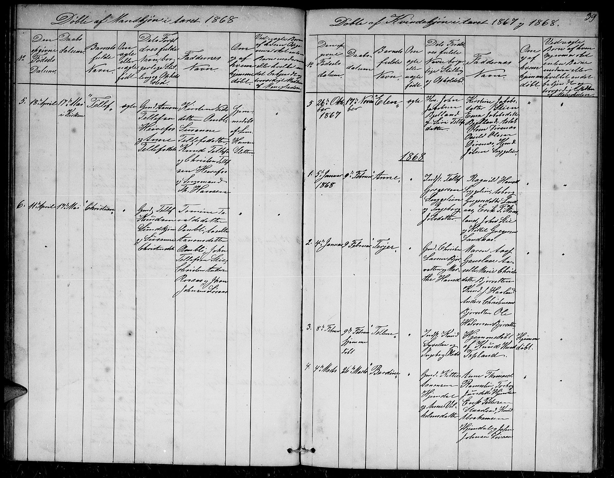 Herefoss sokneprestkontor, SAK/1111-0019/F/Fb/Fba/L0001: Parish register (copy) no. B 1, 1851-1868, p. 39