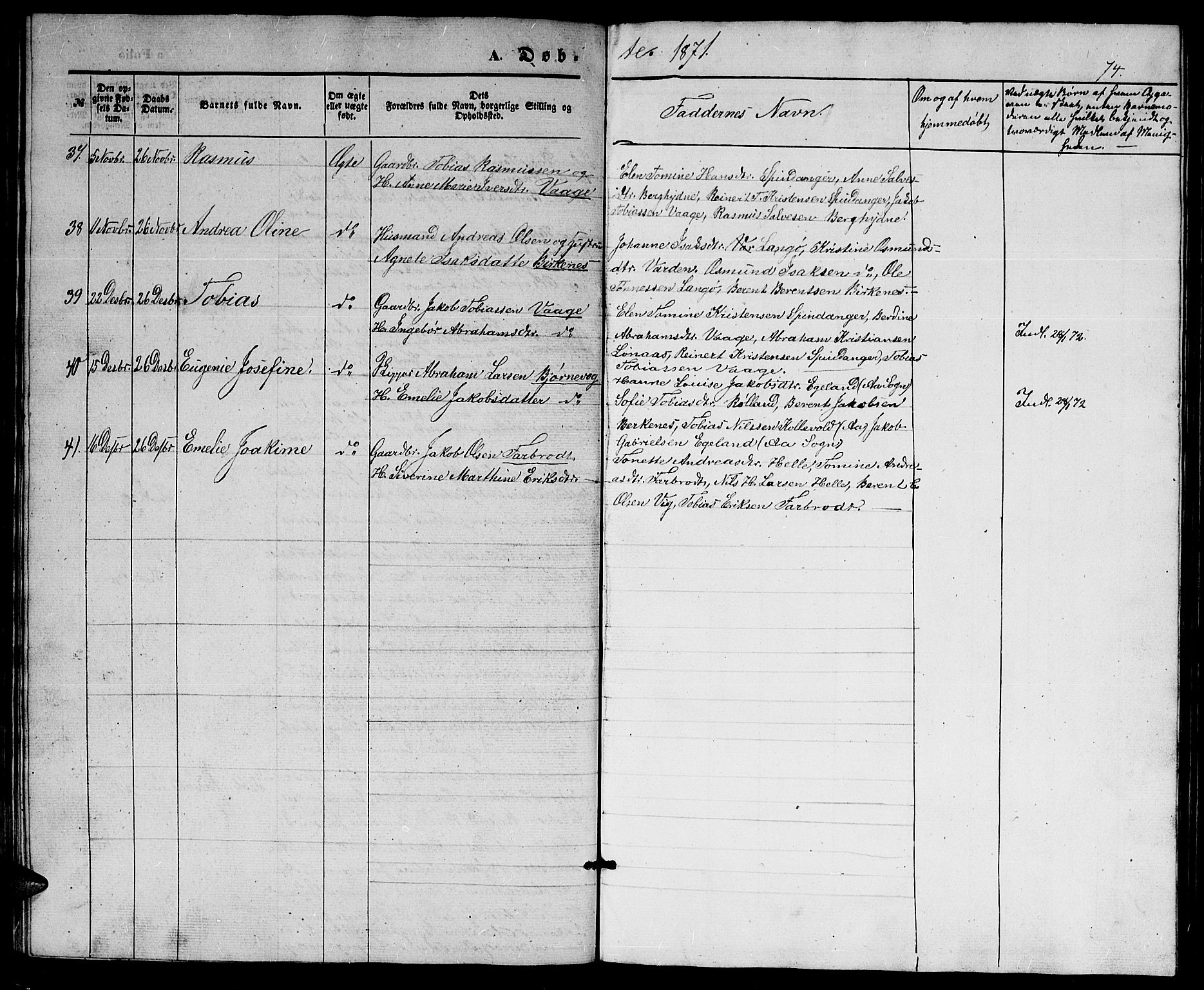 Herad sokneprestkontor, AV/SAK-1111-0018/F/Fb/Fbb/L0002: Parish register (copy) no. B 2, 1853-1871, p. 74