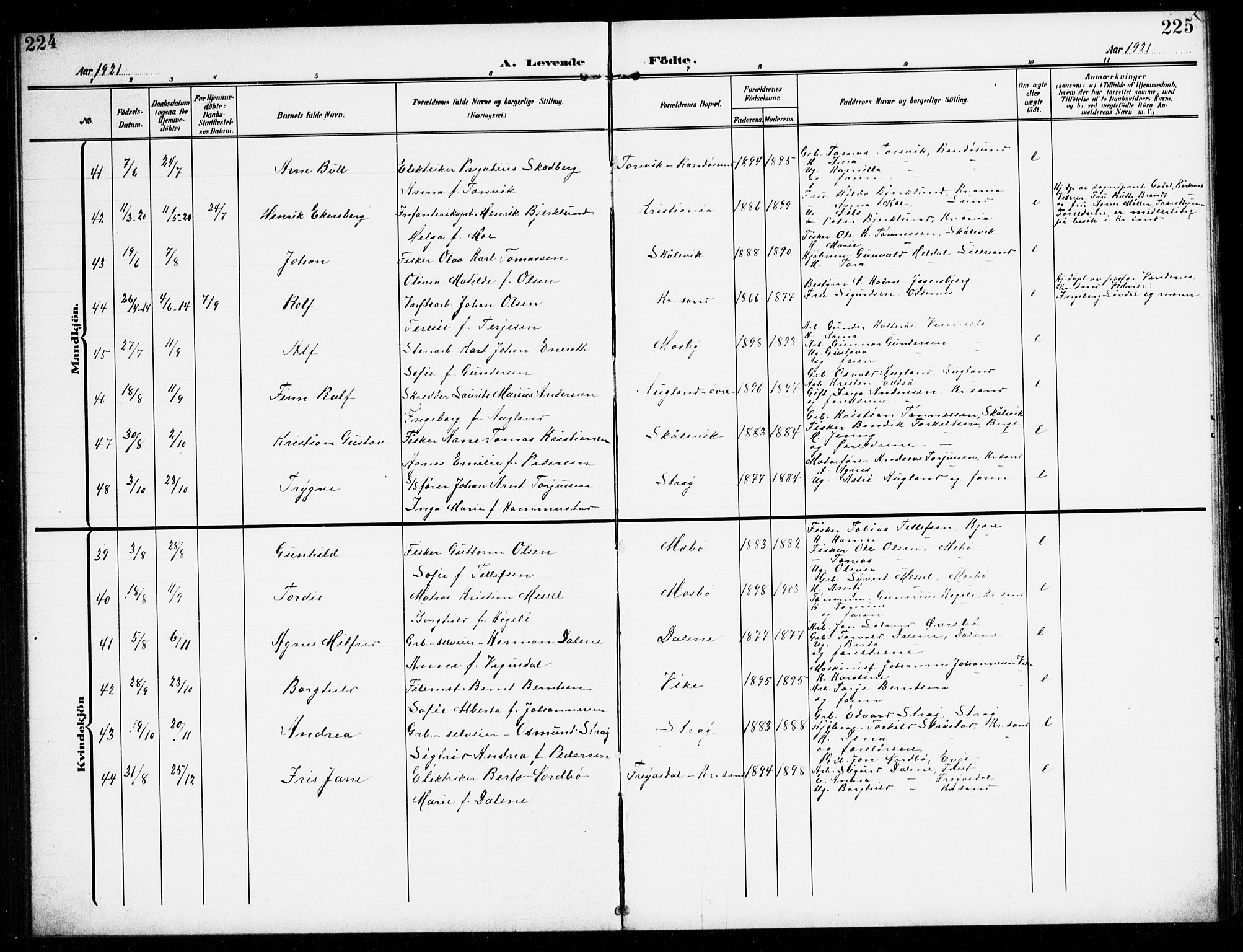 Oddernes sokneprestkontor, AV/SAK-1111-0033/F/Fb/Fba/L0010: Parish register (copy) no. B 10, 1907-1941, p. 224-225