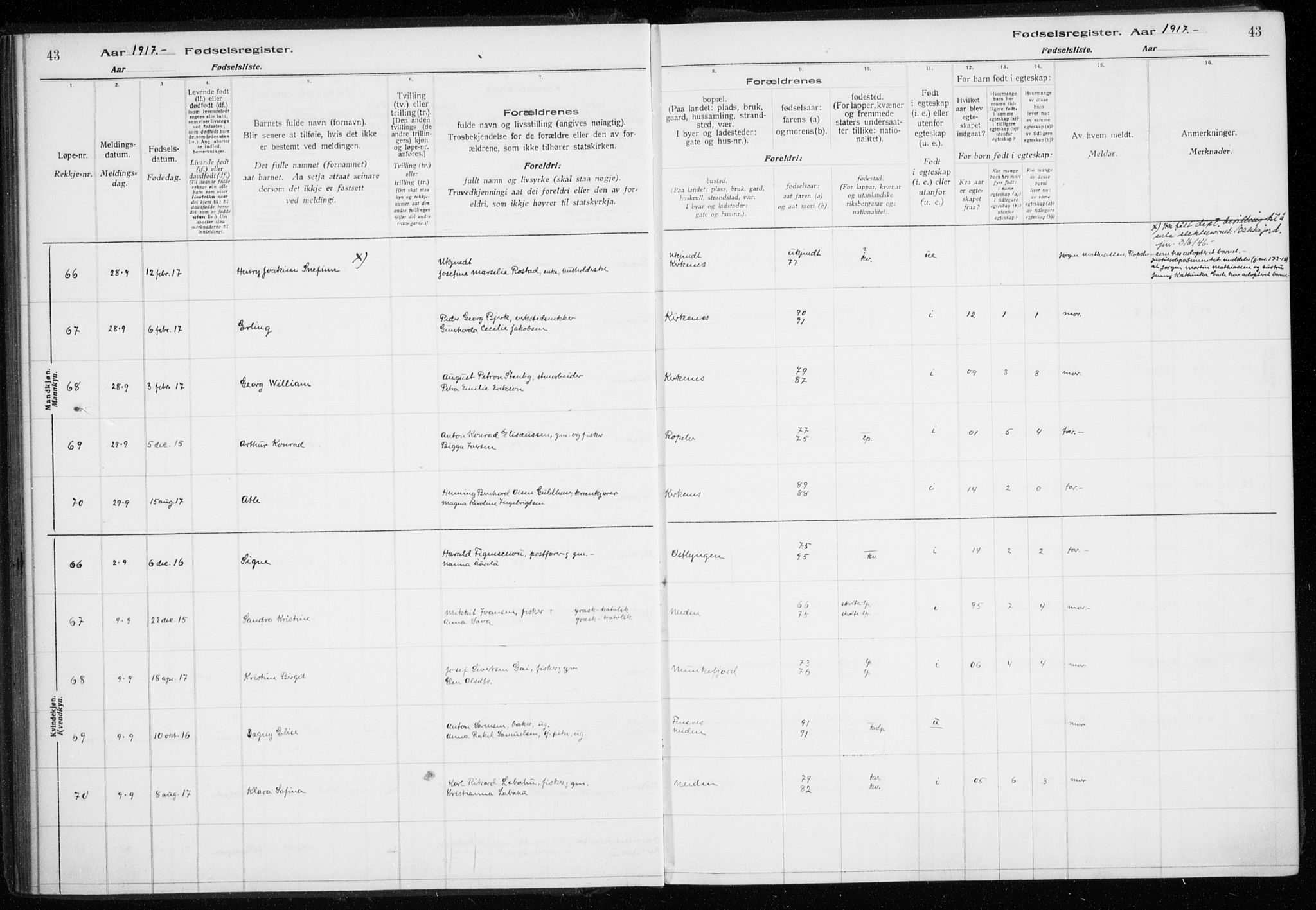 Sør-Varanger sokneprestkontor, AV/SATØ-S-1331/I/Ia/L0016: Birth register no. 16, 1915-1925, p. 43