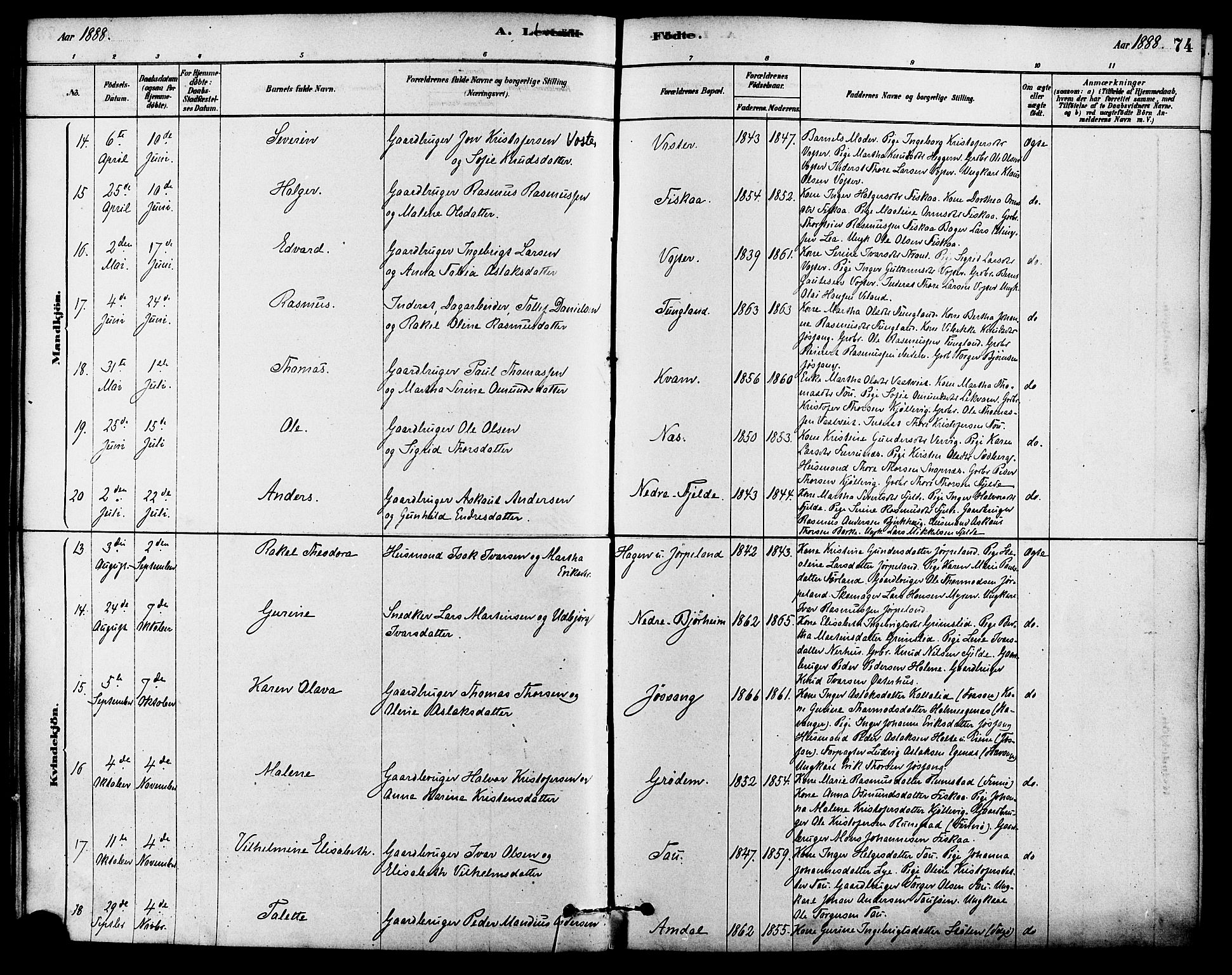 Strand sokneprestkontor, AV/SAST-A-101828/H/Ha/Haa/L0009: Parish register (official) no. A 9, 1877-1908, p. 74