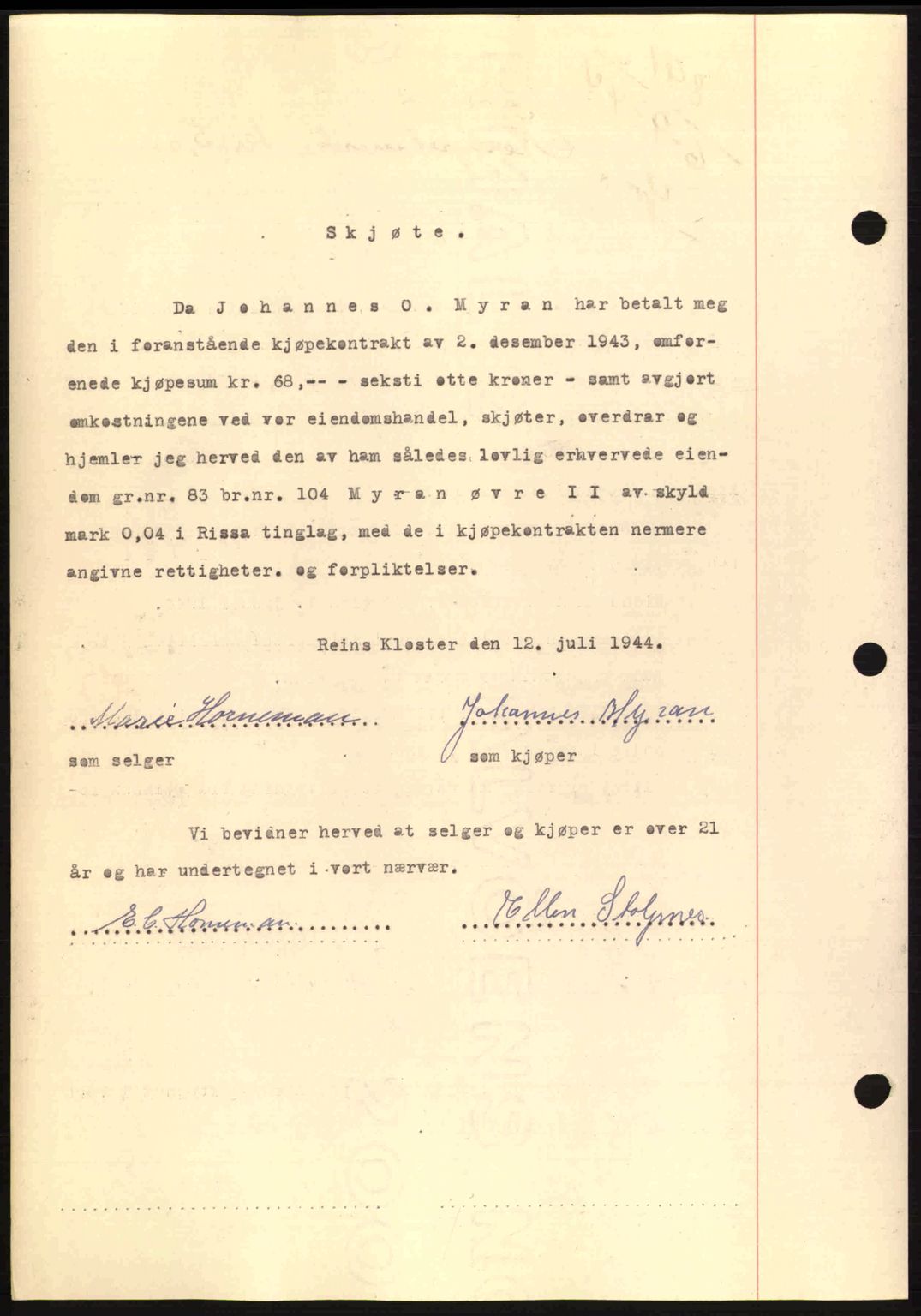 Fosen sorenskriveri, AV/SAT-A-1107/1/2/2C: Mortgage book no. A3, 1943-1945, Diary no: : 891/1944