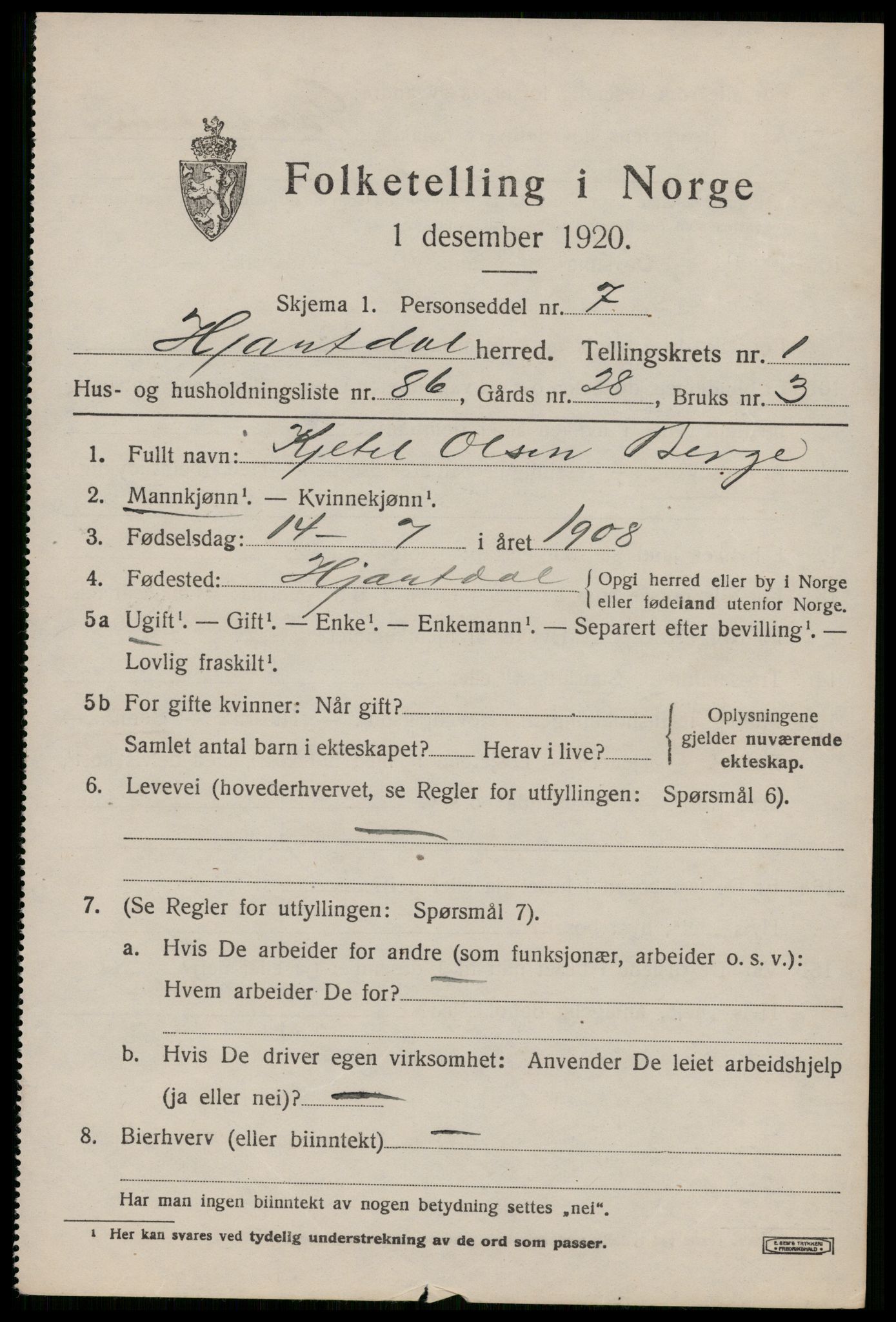 SAKO, 1920 census for Hjartdal, 1920, p. 1828