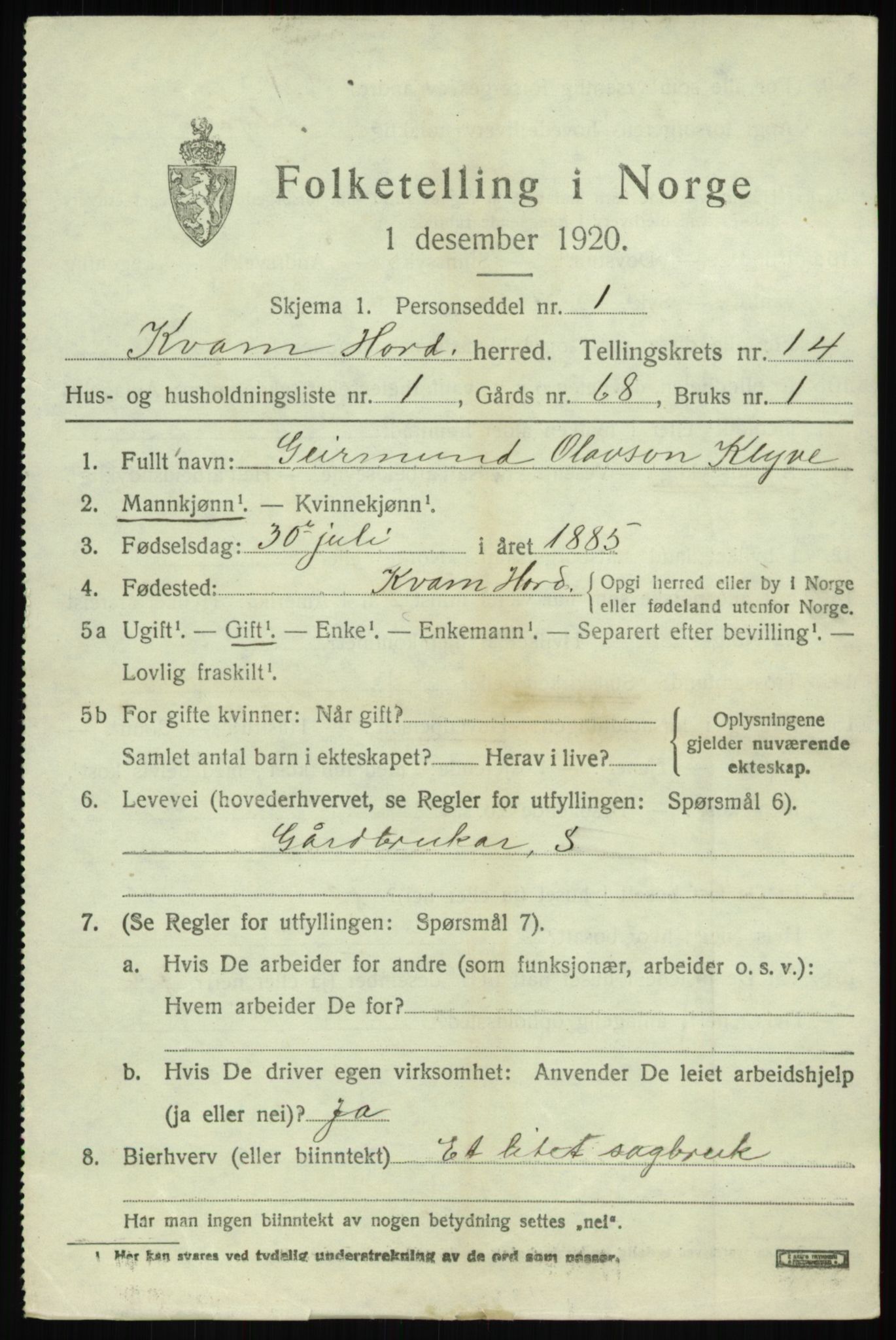SAB, 1920 census for Kvam, 1920, p. 8169