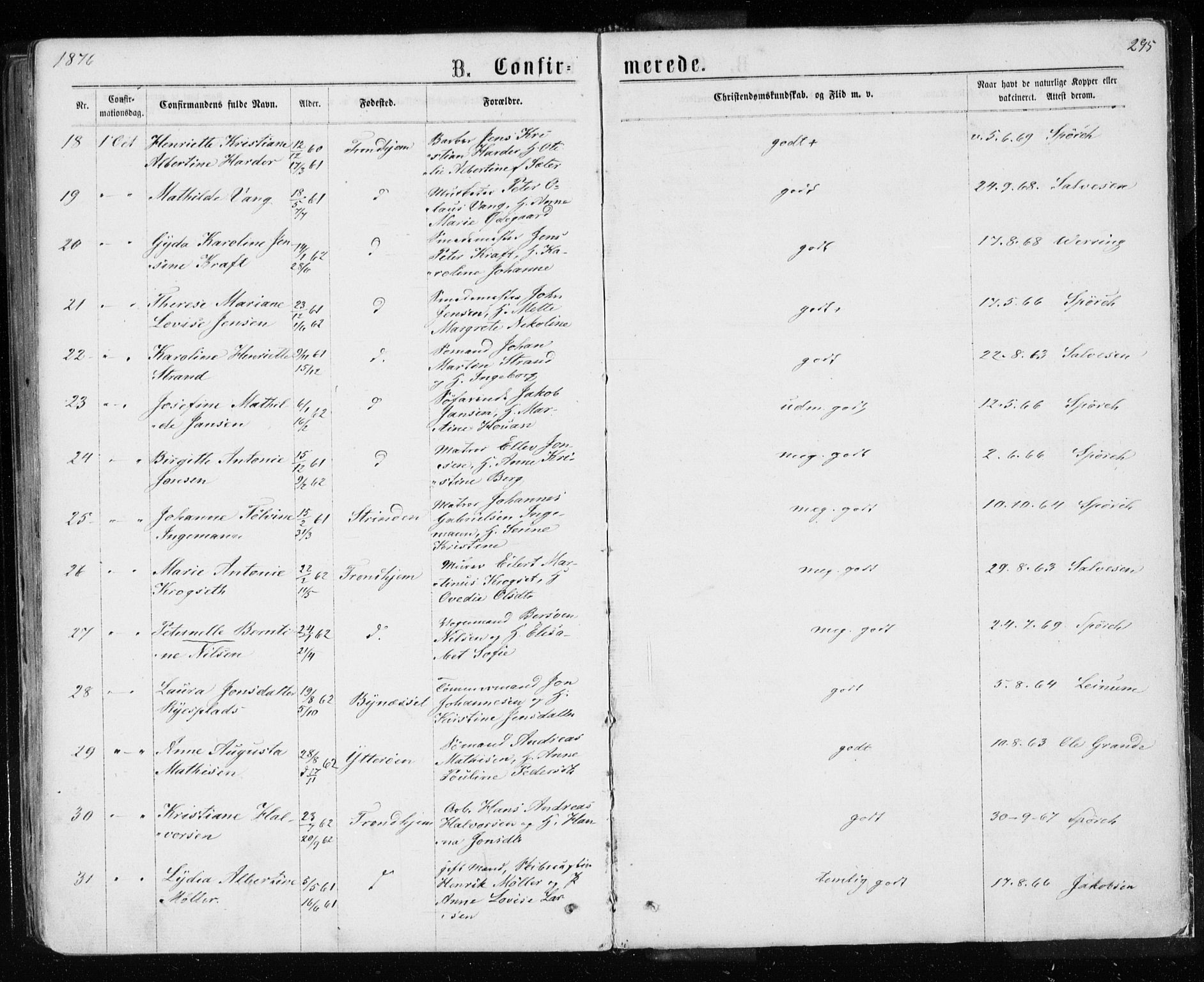 Ministerialprotokoller, klokkerbøker og fødselsregistre - Sør-Trøndelag, SAT/A-1456/601/L0054: Parish register (official) no. 601A22, 1866-1877, p. 295