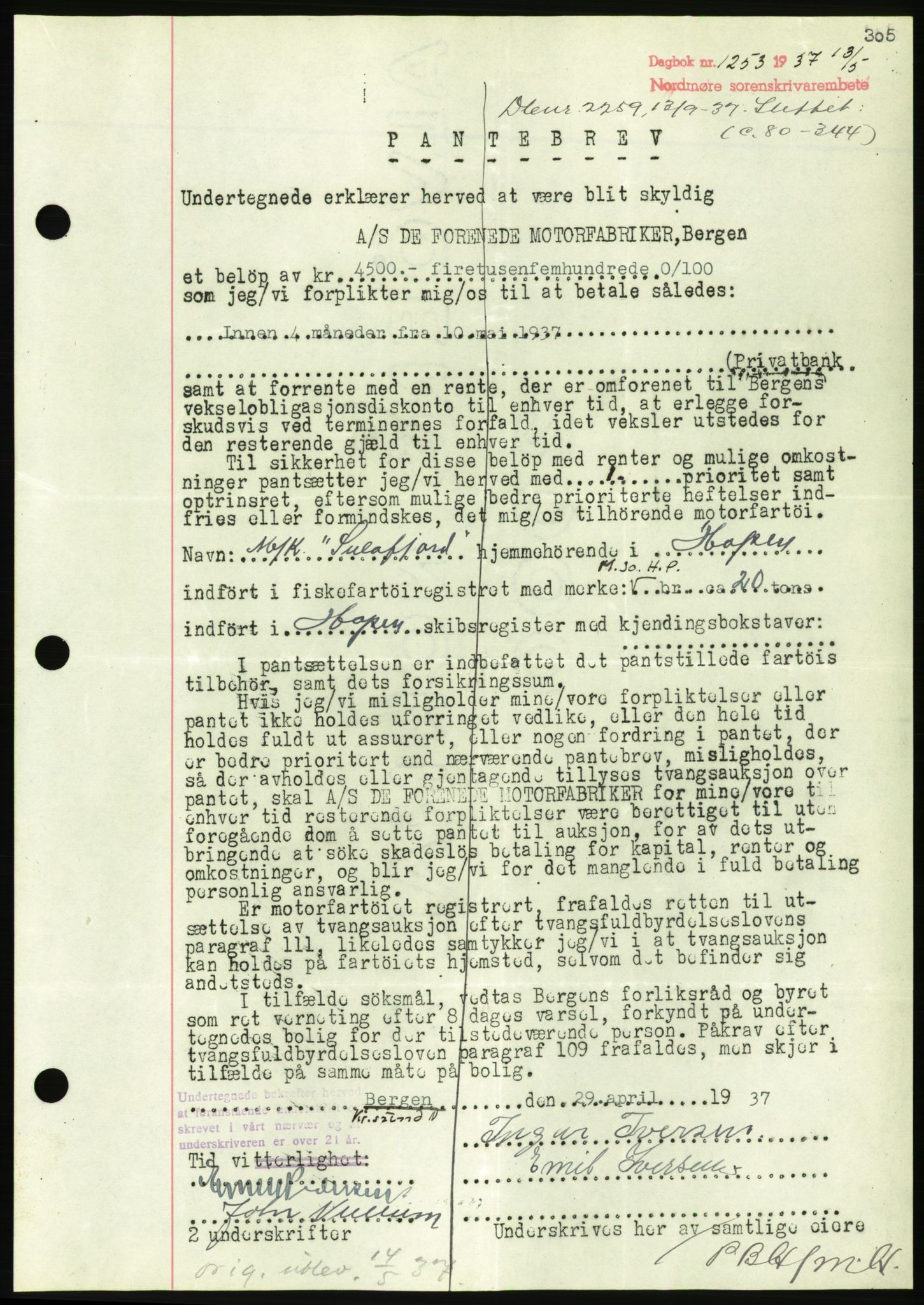 Nordmøre sorenskriveri, AV/SAT-A-4132/1/2/2Ca/L0091: Mortgage book no. B81, 1937-1937, Diary no: : 1253/1937