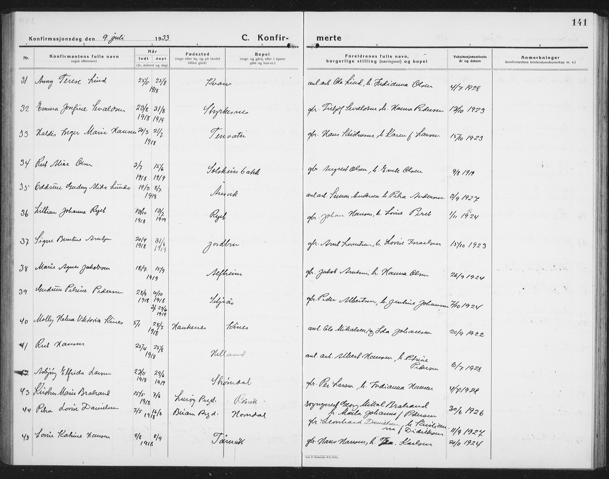 Ministerialprotokoller, klokkerbøker og fødselsregistre - Nordland, AV/SAT-A-1459/854/L0788: Parish register (copy) no. 854C04, 1926-1940, p. 141