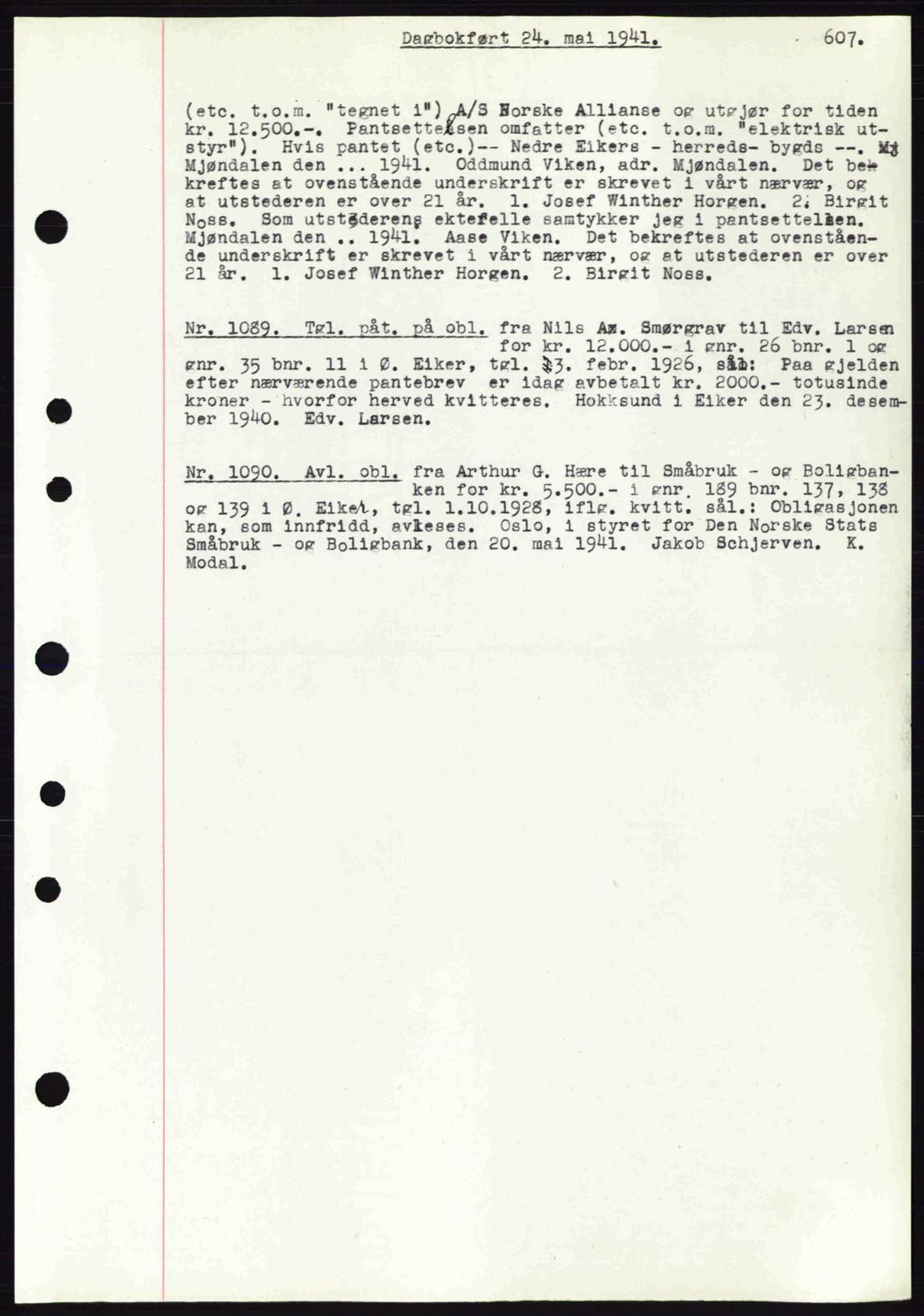 Eiker, Modum og Sigdal sorenskriveri, SAKO/A-123/G/Ga/Gab/L0043: Mortgage book no. A13, 1940-1941, Diary no: : 1089/1941