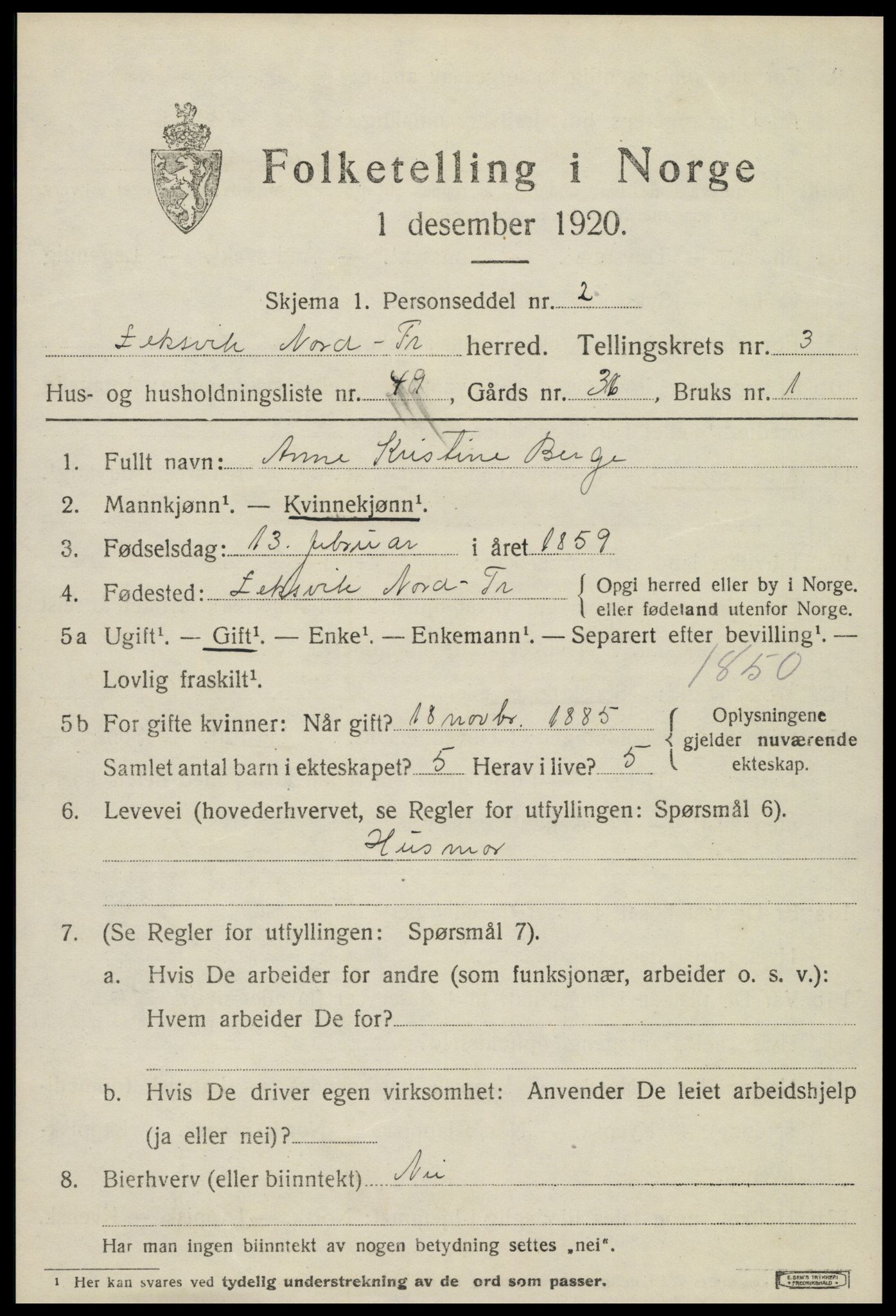 SAT, 1920 census for Leksvik, 1920, p. 3418