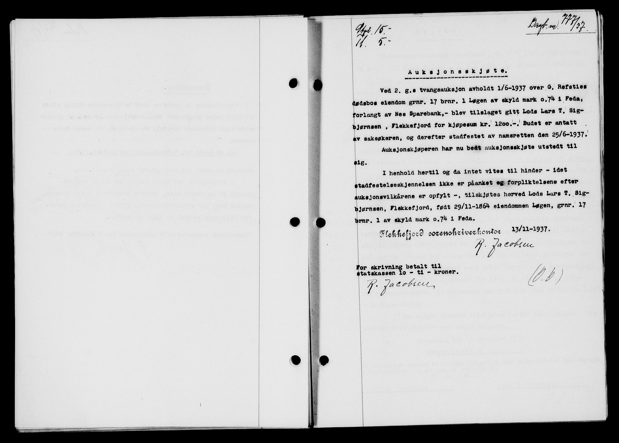 Flekkefjord sorenskriveri, AV/SAK-1221-0001/G/Gb/Gba/L0054: Mortgage book no. A-2, 1937-1938, Diary no: : 777/1937