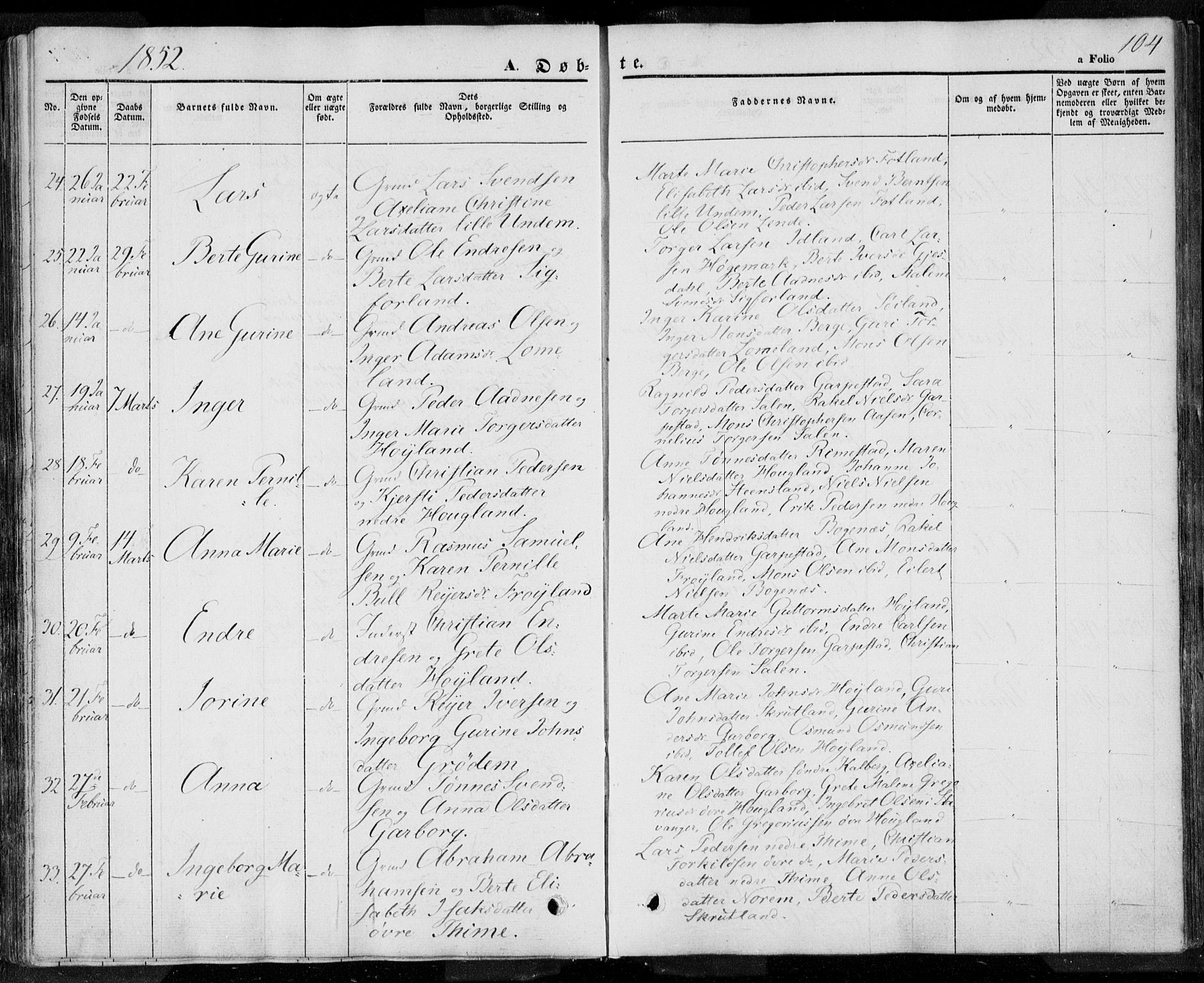 Lye sokneprestkontor, AV/SAST-A-101794/001/30BA/L0005: Parish register (official) no. A 5.1, 1842-1855, p. 104