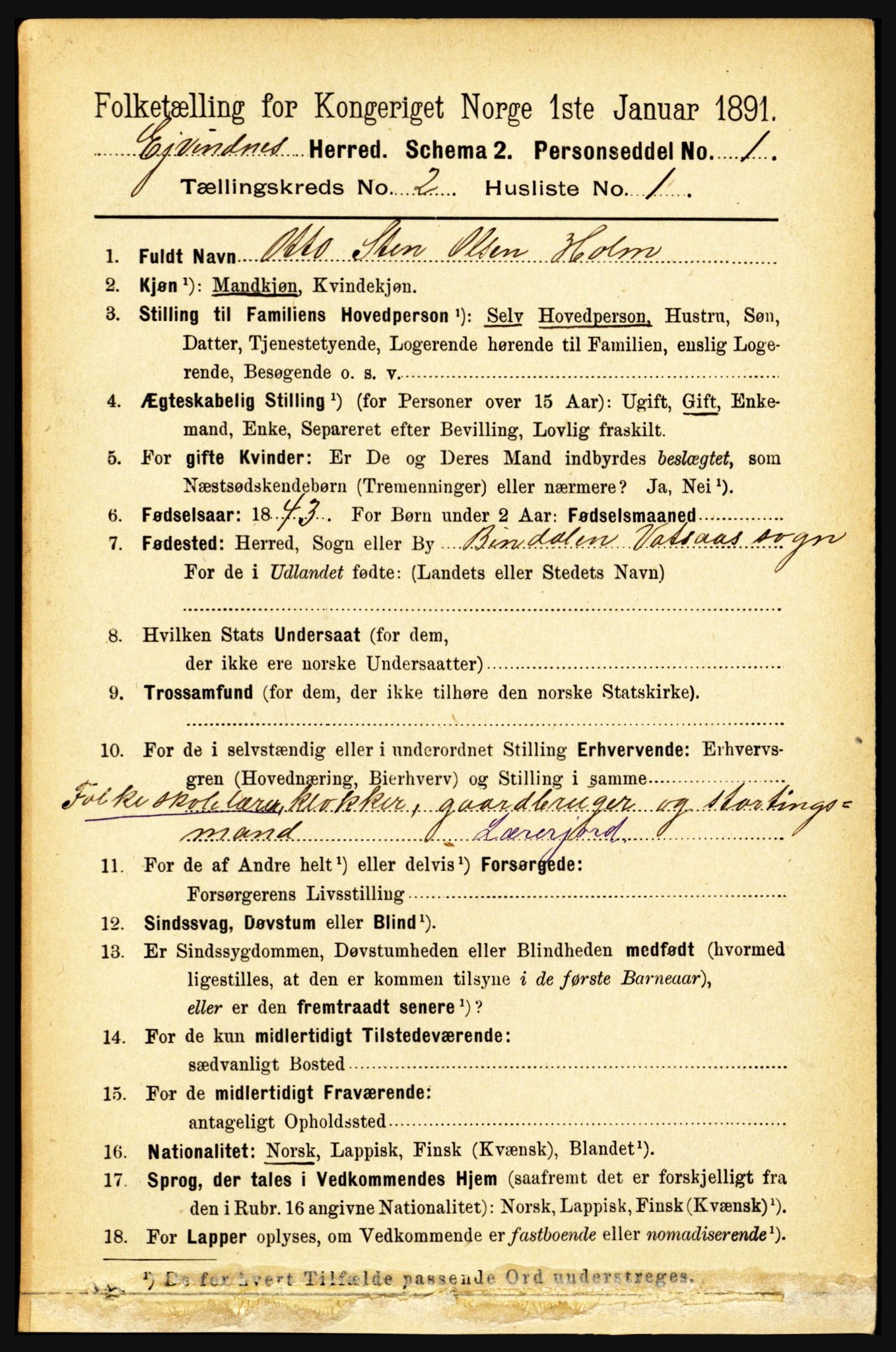 RA, 1891 census for 1853 Evenes, 1891, p. 424