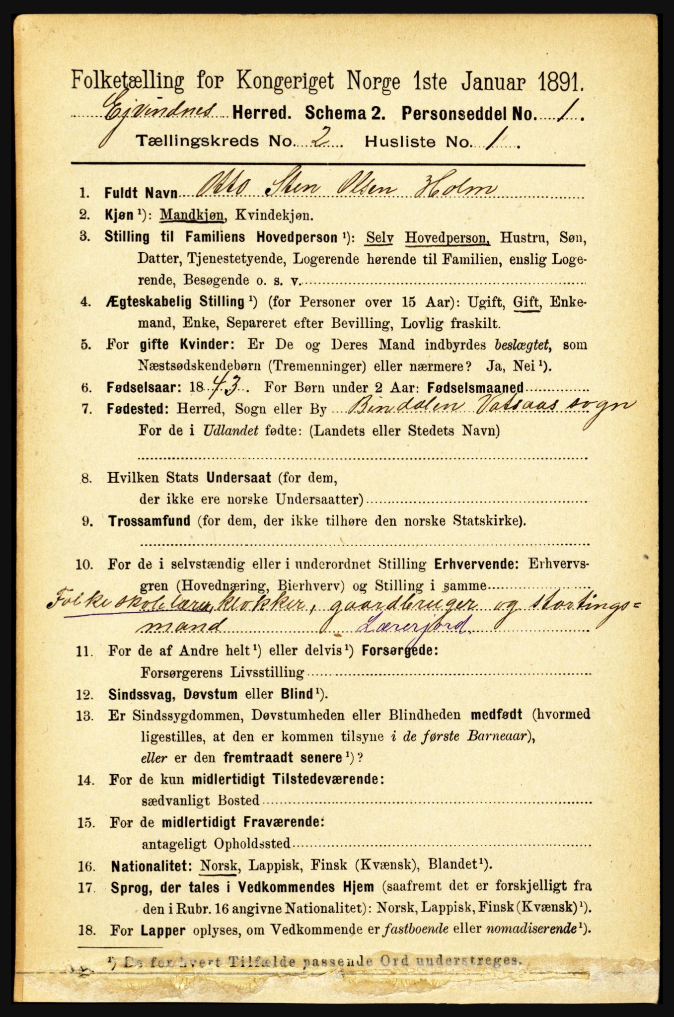 RA, 1891 census for 1853 Evenes, 1891, p. 424