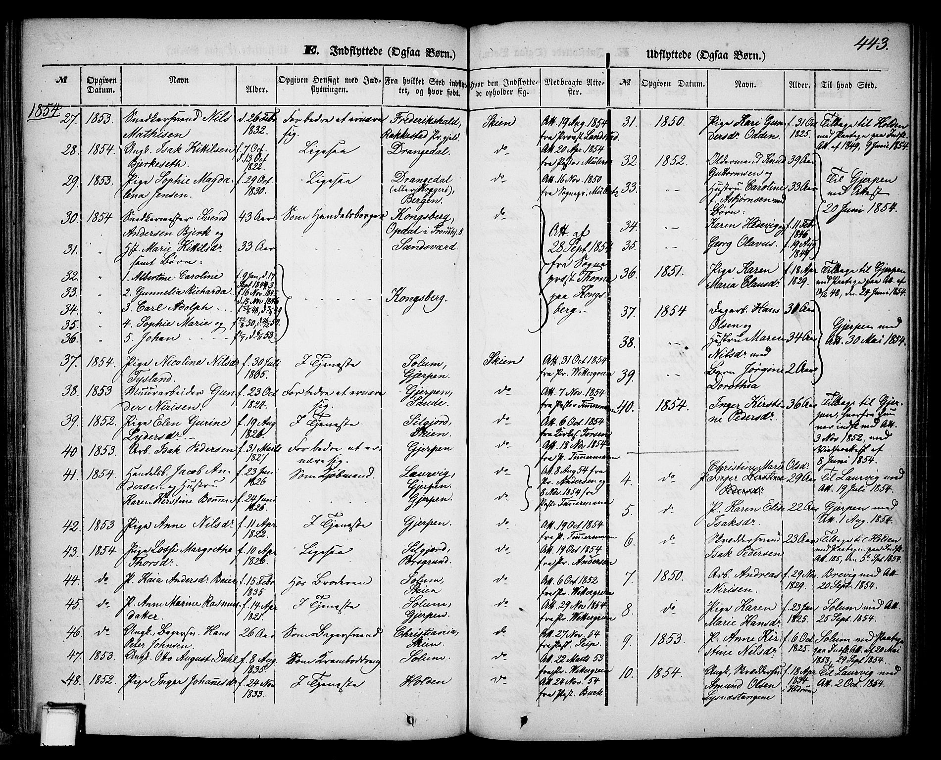 Skien kirkebøker, SAKO/A-302/G/Ga/L0004: Parish register (copy) no. 4, 1843-1867, p. 443