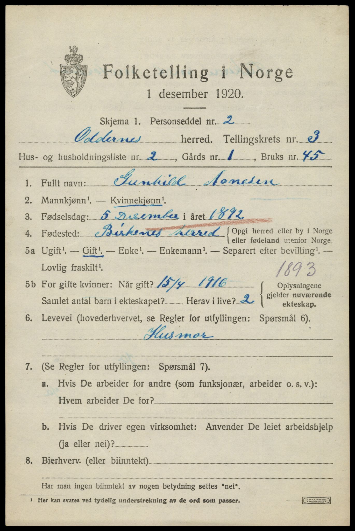 SAK, 1920 census for Oddernes, 1920, p. 3357