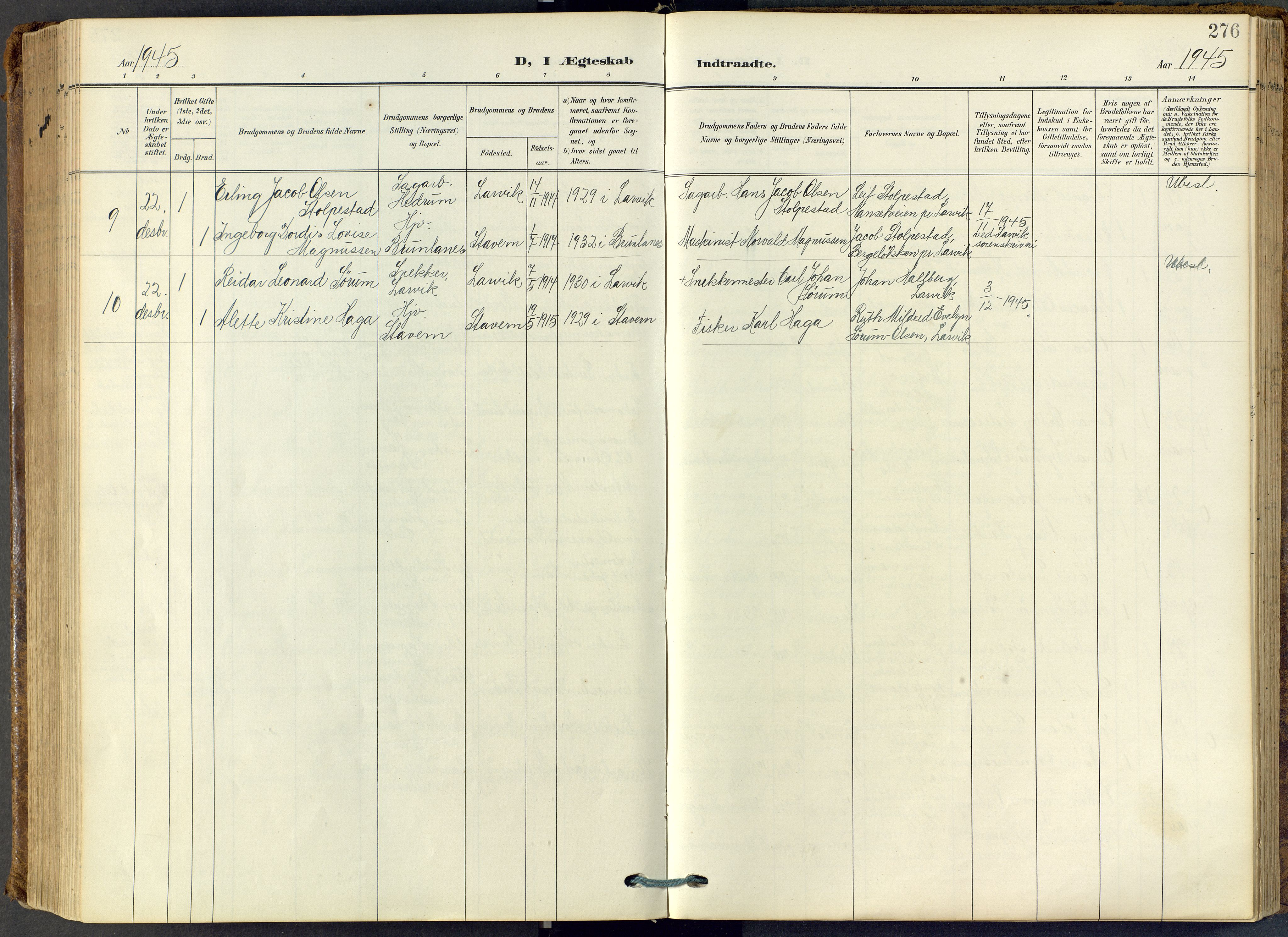 Stavern kirkebøker, SAKO/A-318/F/Fa/L0009: Parish register (official) no. 9, 1906-1955, p. 276