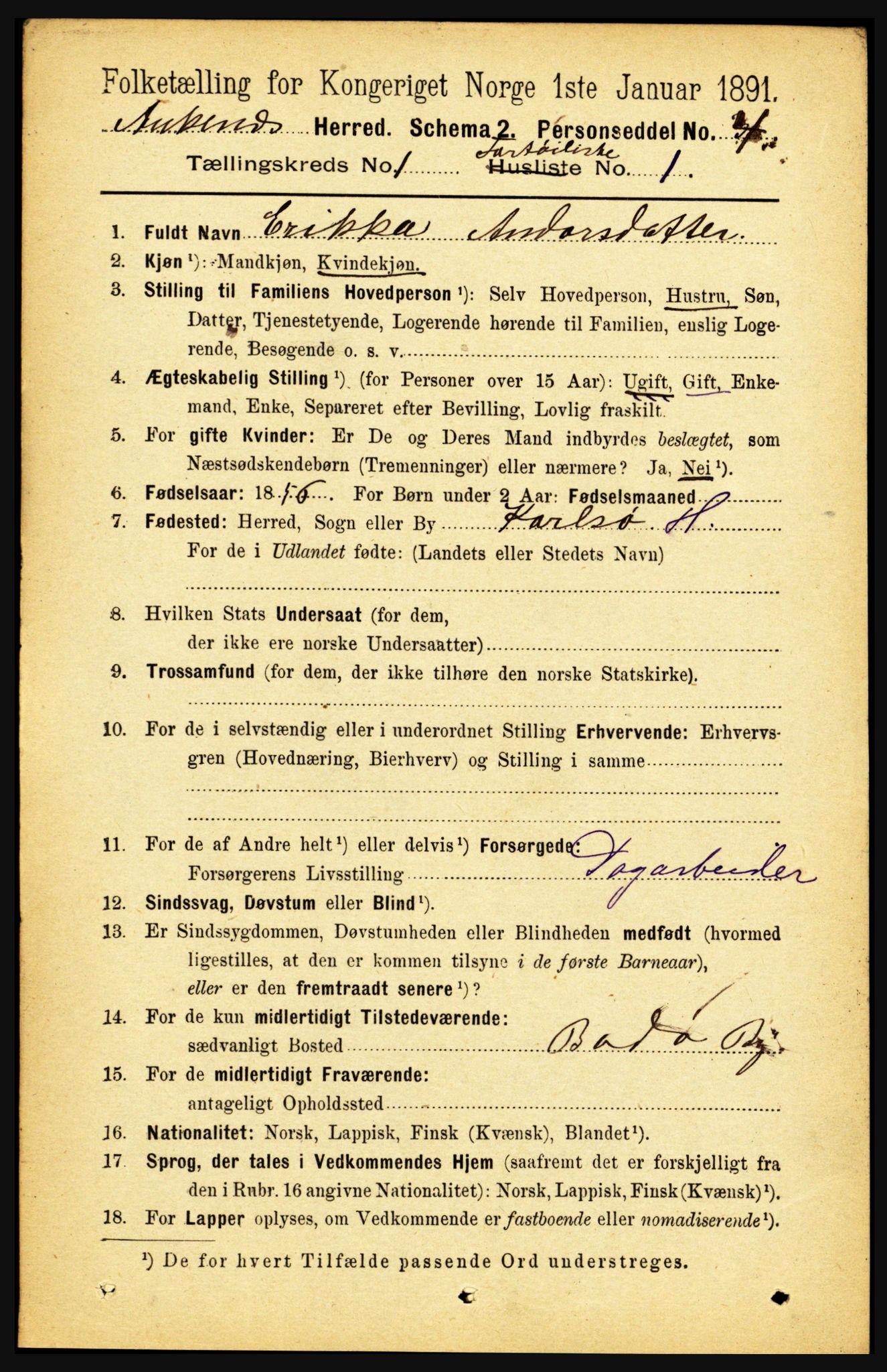 RA, 1891 census for 1855 Ankenes, 1891, p. 755