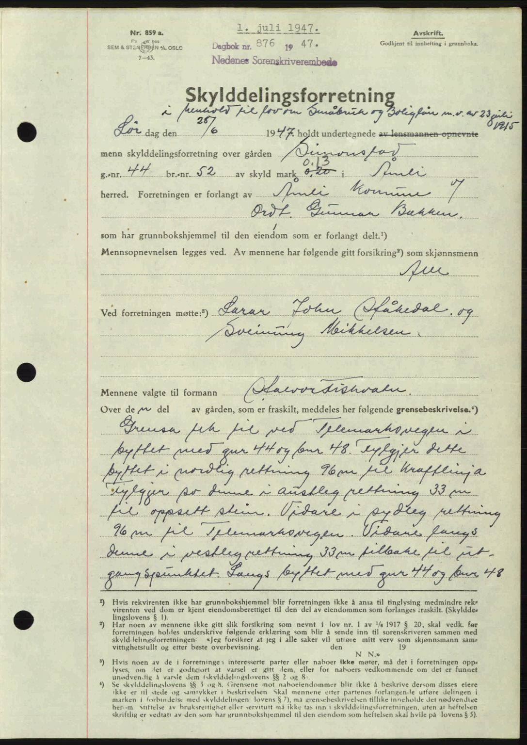 Nedenes sorenskriveri, AV/SAK-1221-0006/G/Gb/Gba/L0057: Mortgage book no. A9, 1947-1947, Diary no: : 876/1947