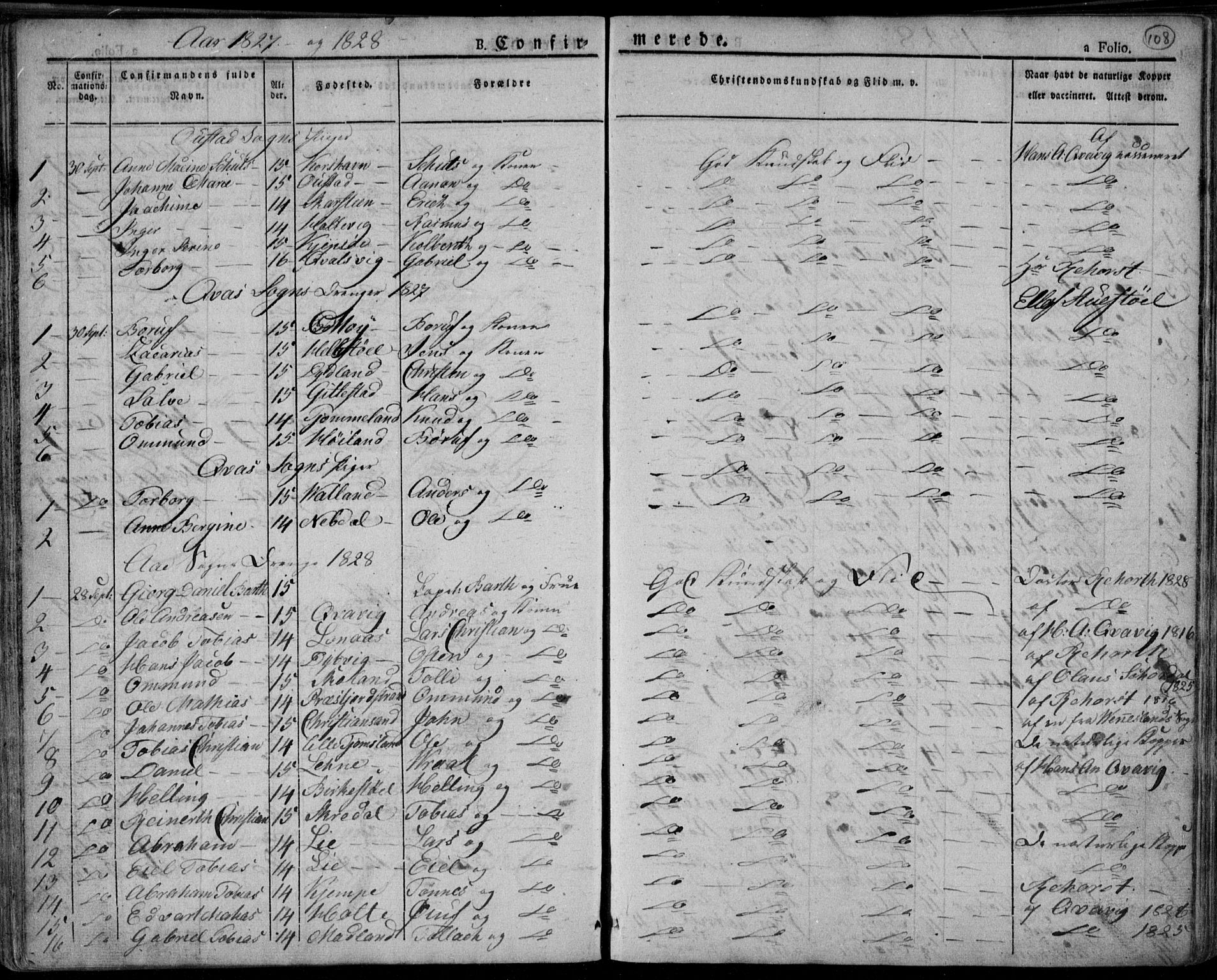 Lyngdal sokneprestkontor, AV/SAK-1111-0029/F/Fa/Fac/L0007: Parish register (official) no. A 7, 1825-1838, p. 108