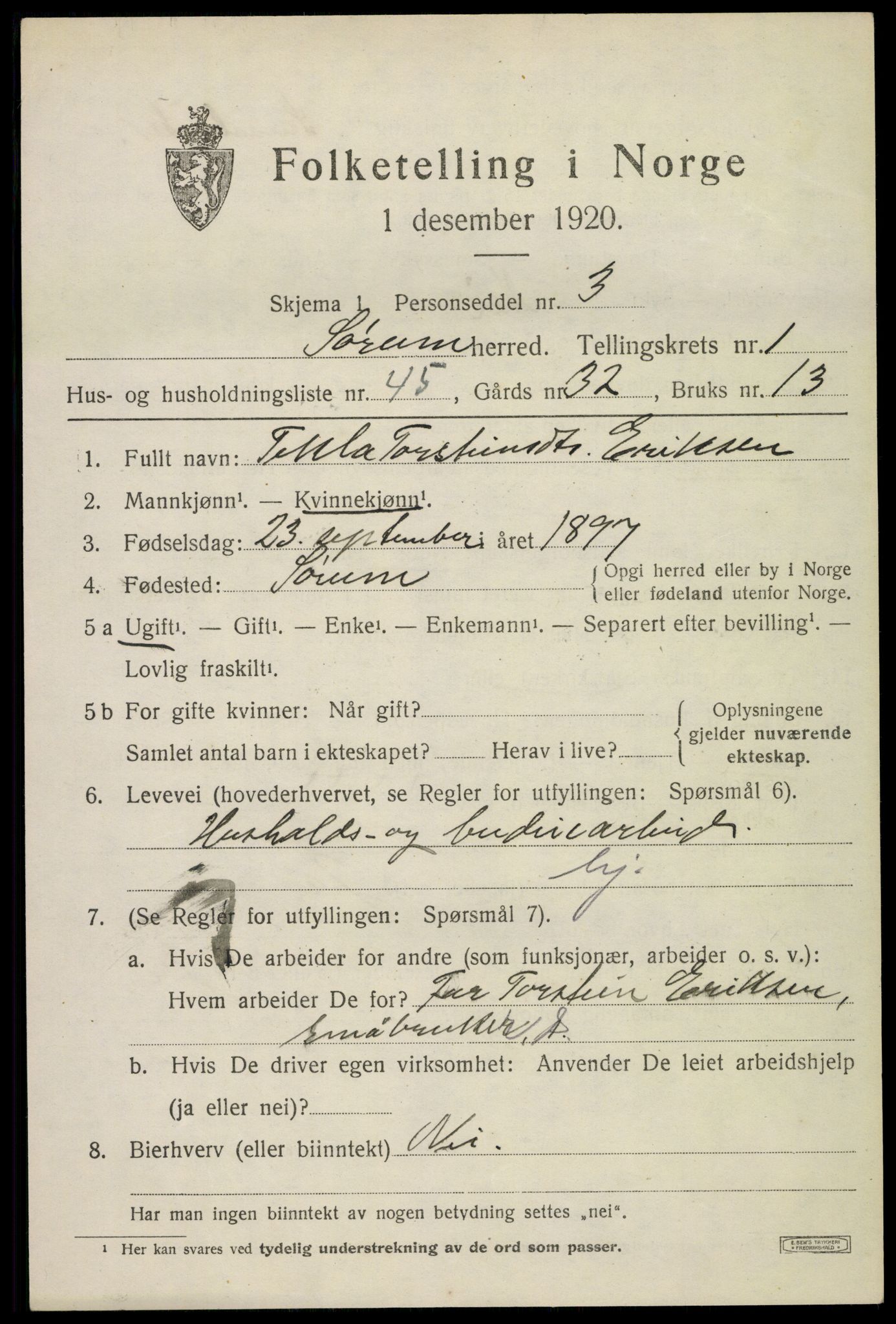 SAO, 1920 census for Sørum, 1920, p. 1651