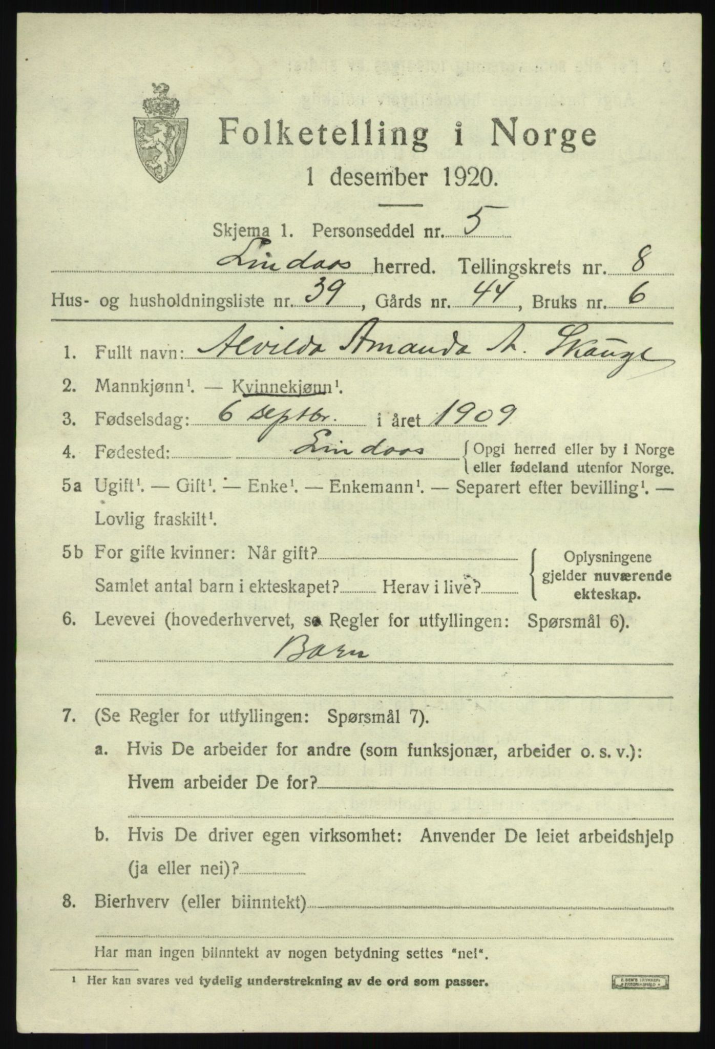 SAB, 1920 census for Lindås, 1920, p. 4775