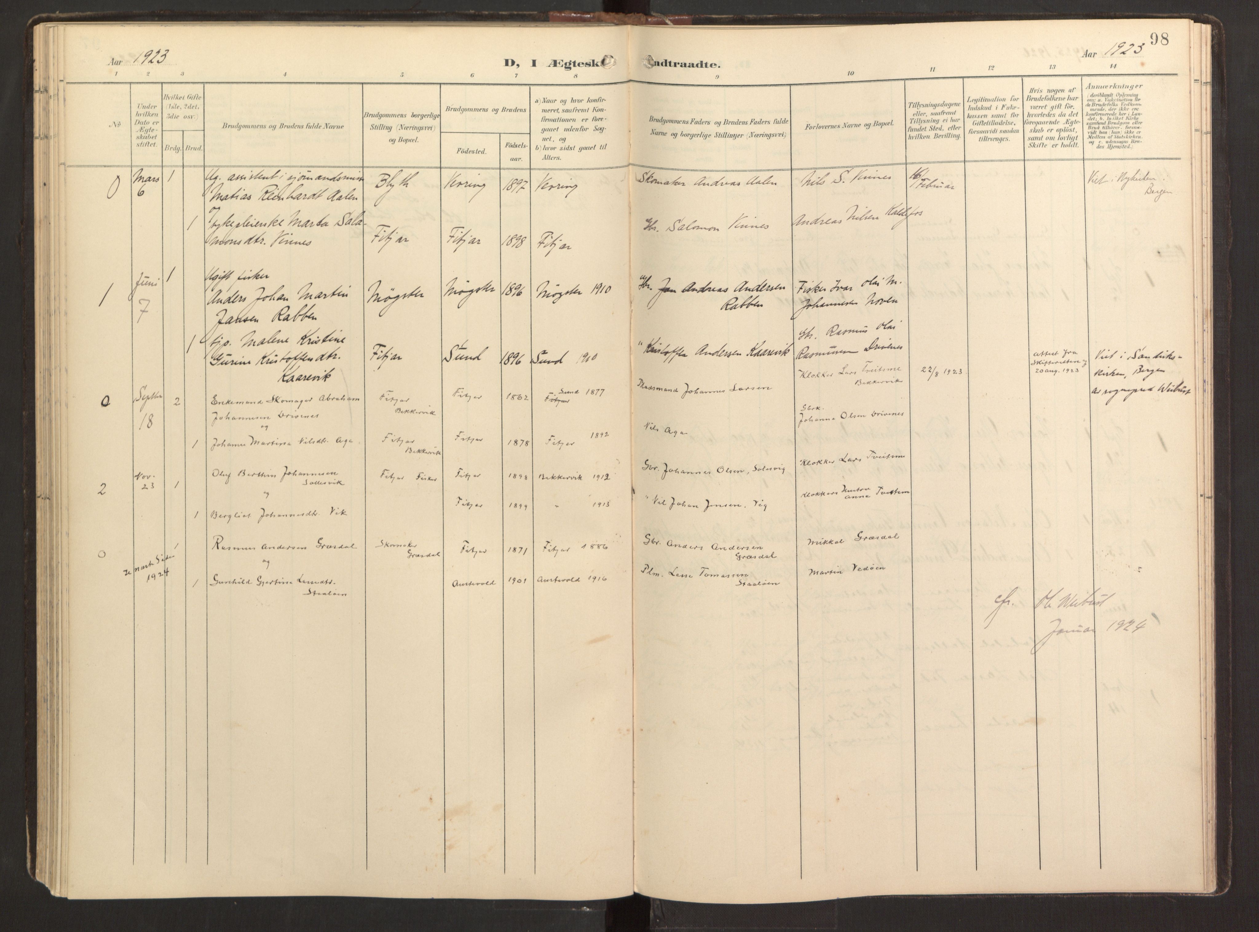 Fitjar sokneprestembete, SAB/A-99926: Parish register (official) no. B 1, 1900-1926, p. 98