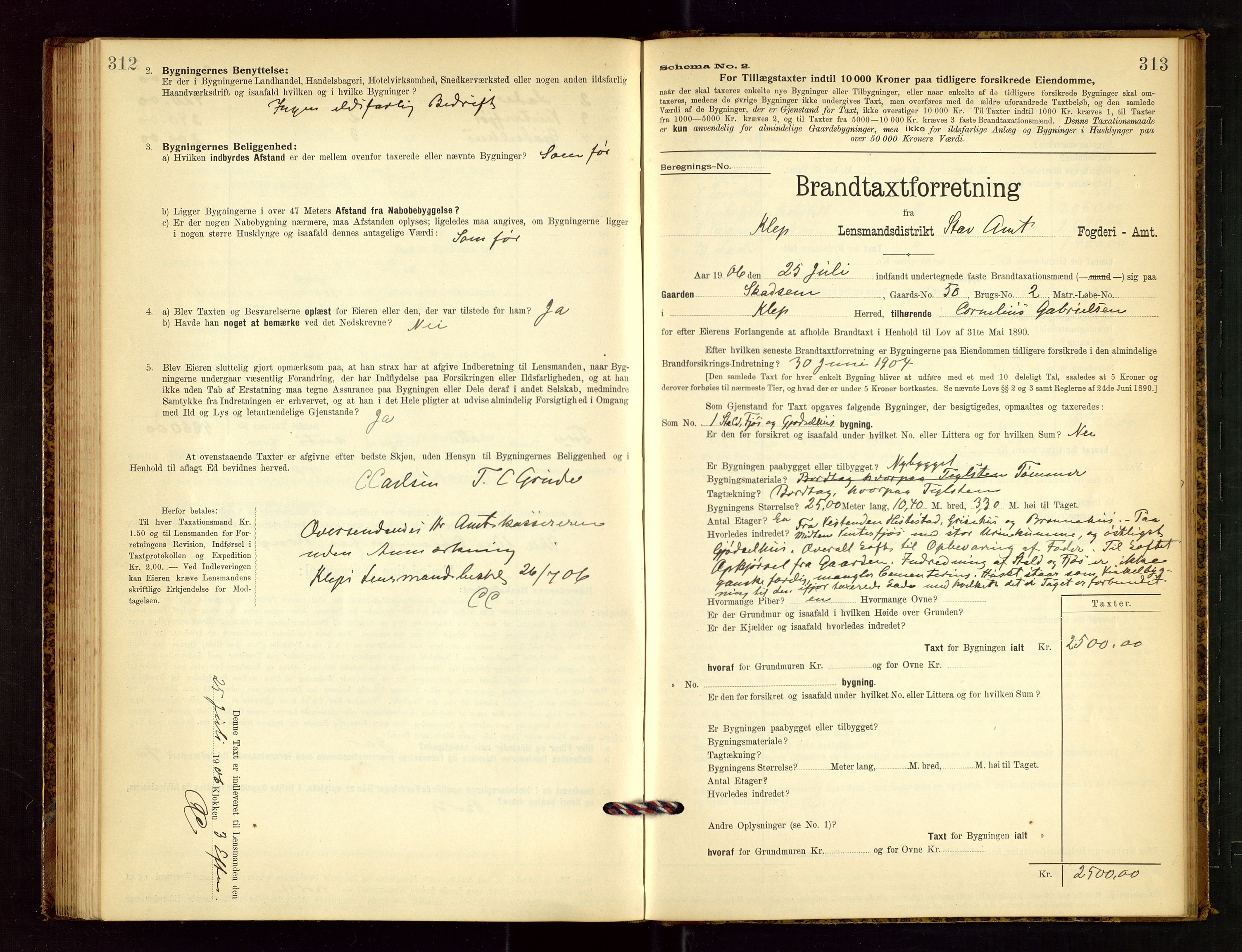 Klepp lensmannskontor, AV/SAST-A-100163/Goc/L0003: "Brandtaxationsprotokol" m/register, 1902-1907, p. 312-313