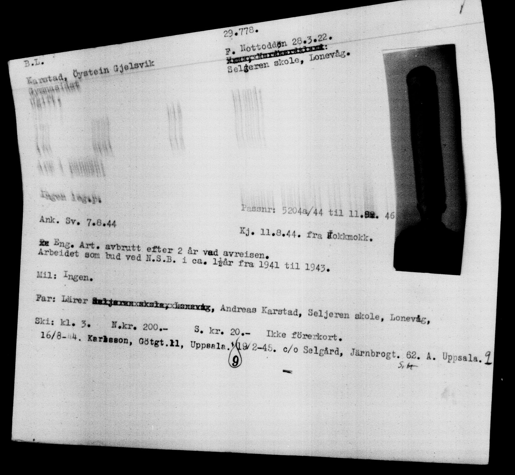 Utenriksstasjonene, Legasjonen i Stockholm, Flyktningkontoret, AV/RA-S-6753/V/Va/L0012: Kjesäterkartoteket, flyktninger med registreringsnr. 28300-31566, 1940-1945, p. 1624