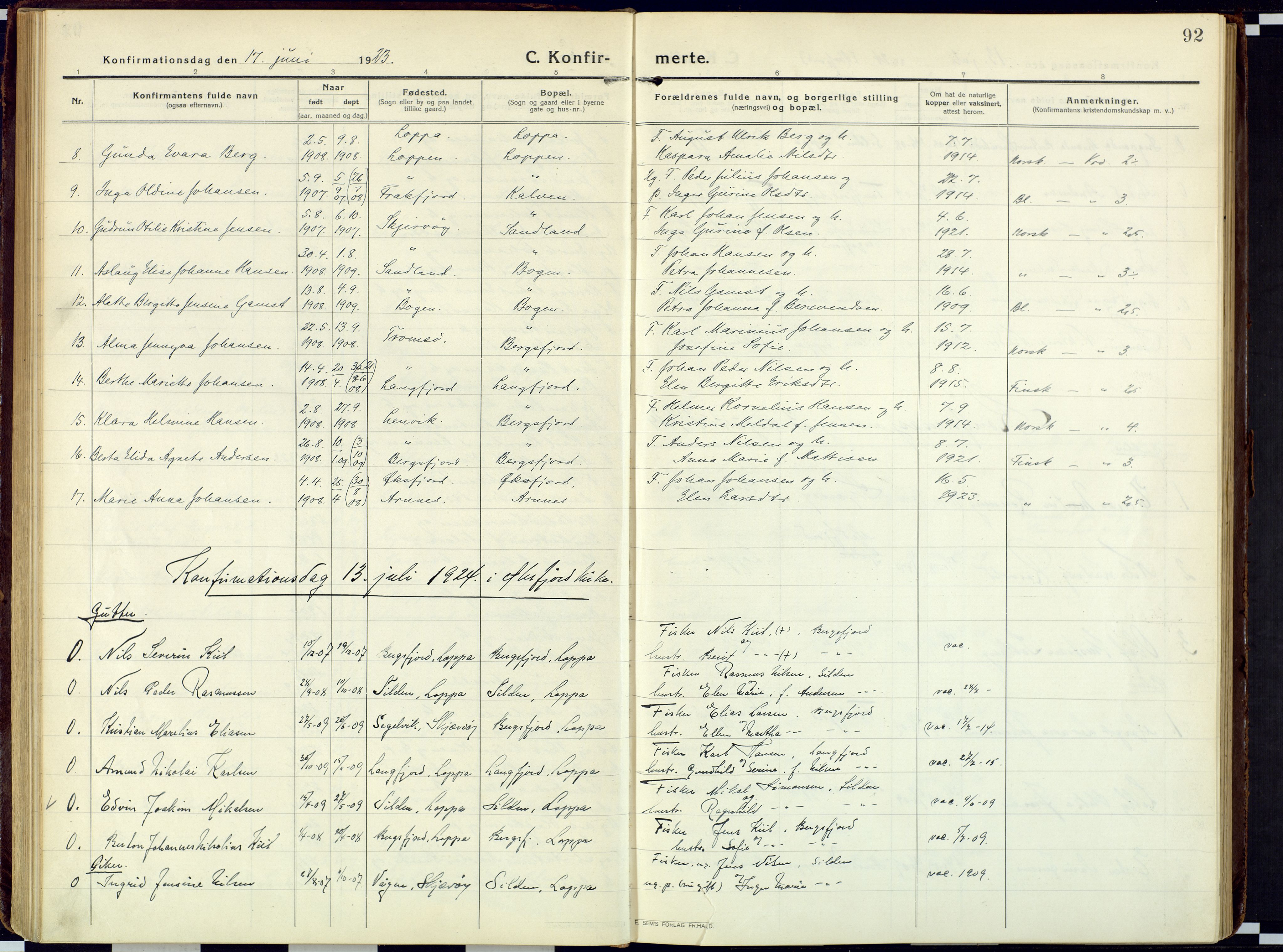 Loppa sokneprestkontor, SATØ/S-1339/H/Ha/L0013kirke: Parish register (official) no. 13, 1920-1932, p. 92