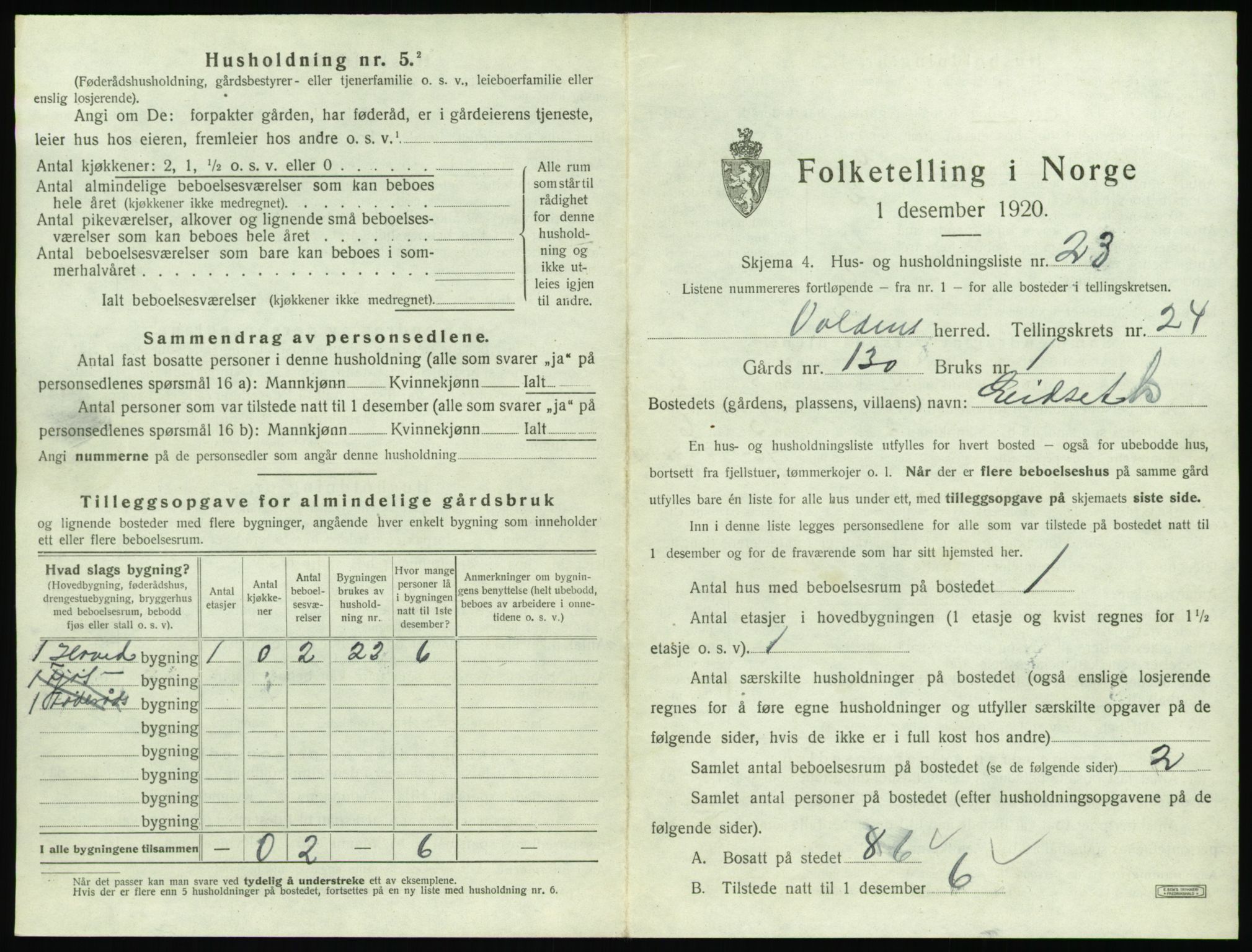 SAT, 1920 census for Volda, 1920, p. 1624