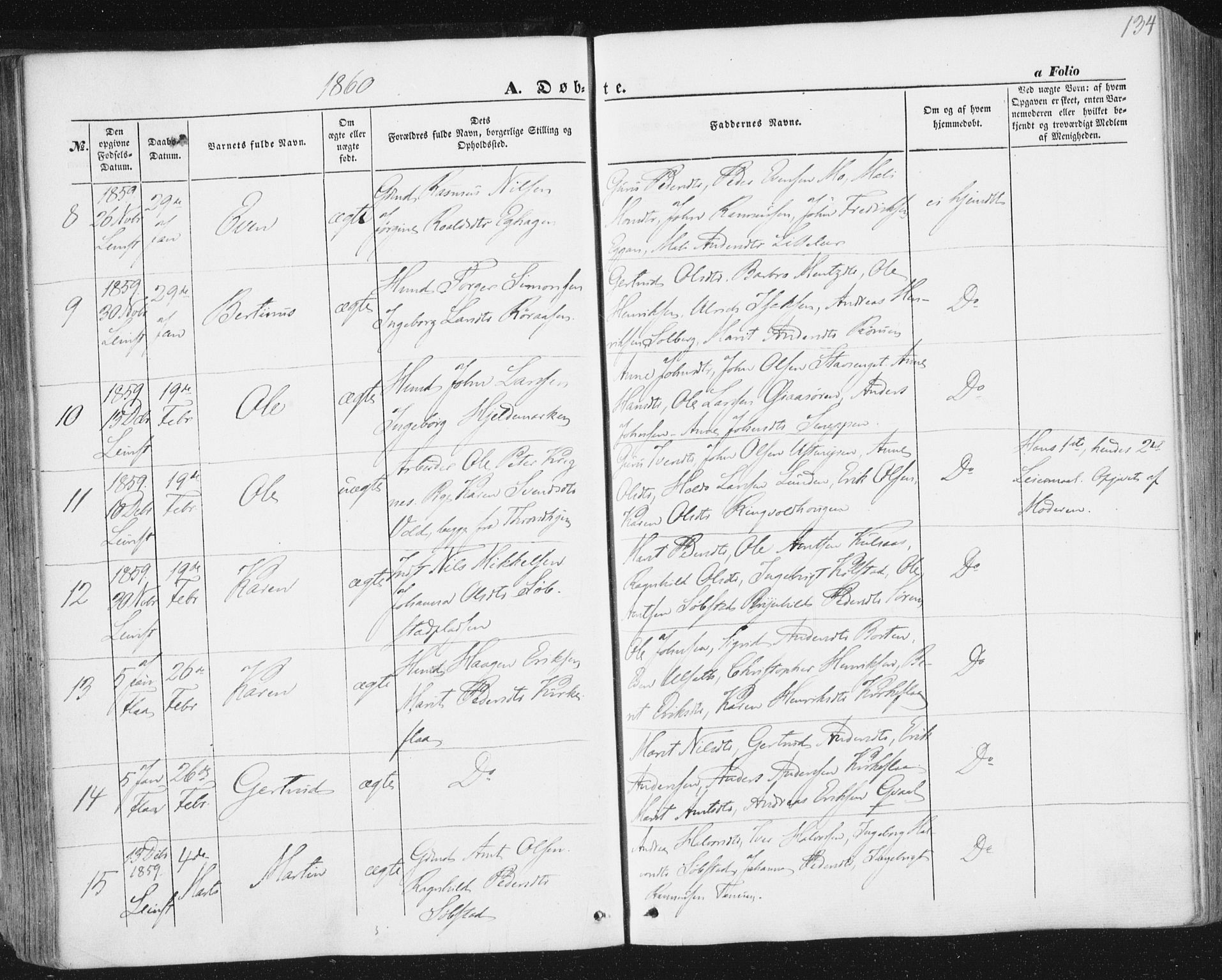 Ministerialprotokoller, klokkerbøker og fødselsregistre - Sør-Trøndelag, SAT/A-1456/691/L1076: Parish register (official) no. 691A08, 1852-1861, p. 134